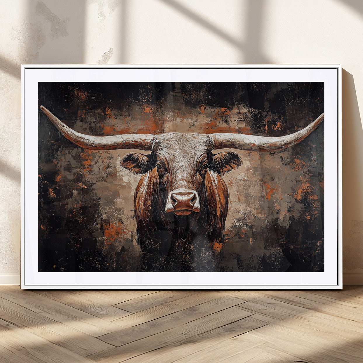 24779067-MGC-FP-36x24_White-Longhorn Bull Wall Art – Western Rustic Canvas Print, Bold Cowboy Cattle Painting for Ranch House, Farmhouse, Office, or Living