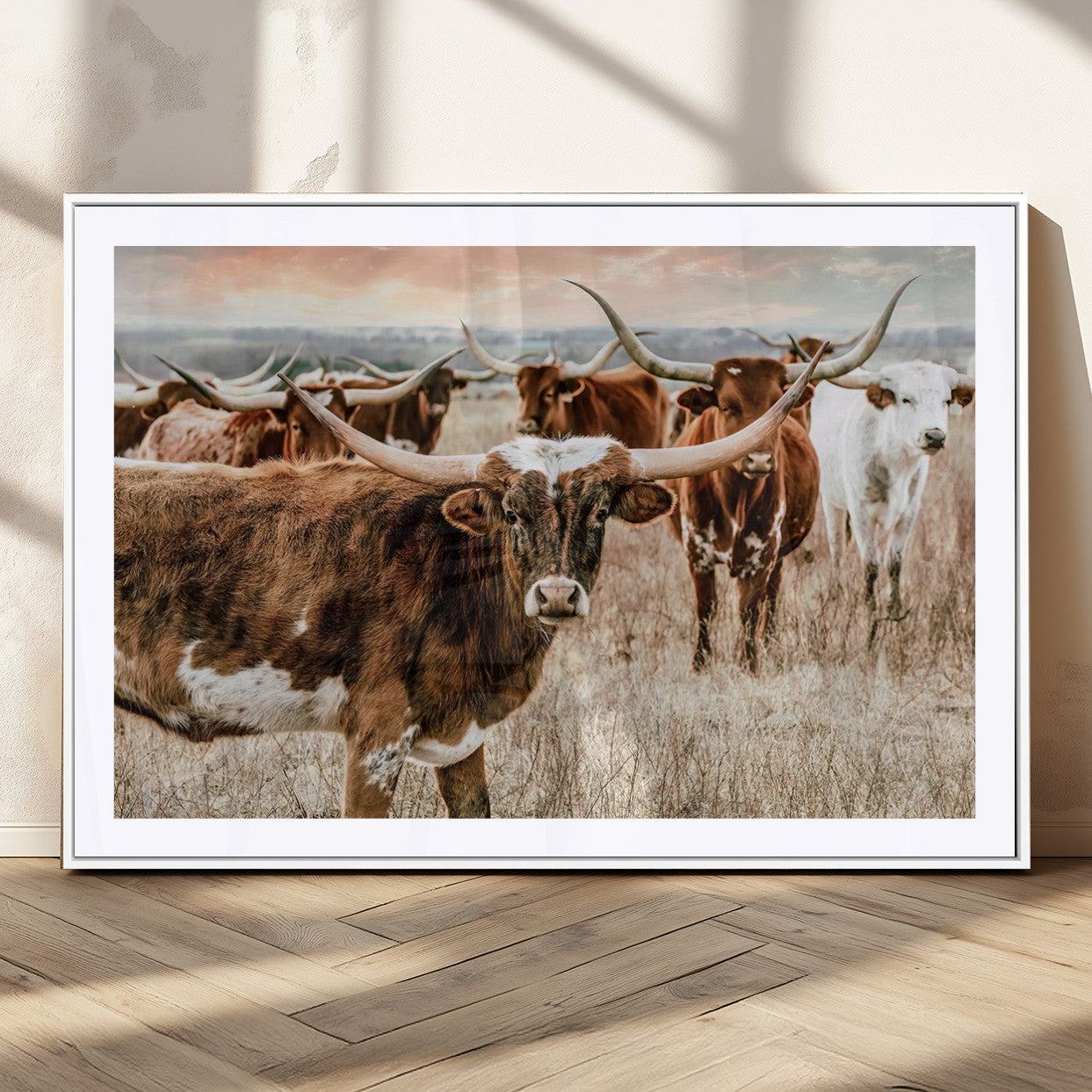 47758300-MGC-FP-36x24_White-Texas Longhorn Cattle Wall Art – Rustic Western Herd Canvas Print, Cowboy Ranch Farmhouse Decor for Living Room, Office, or