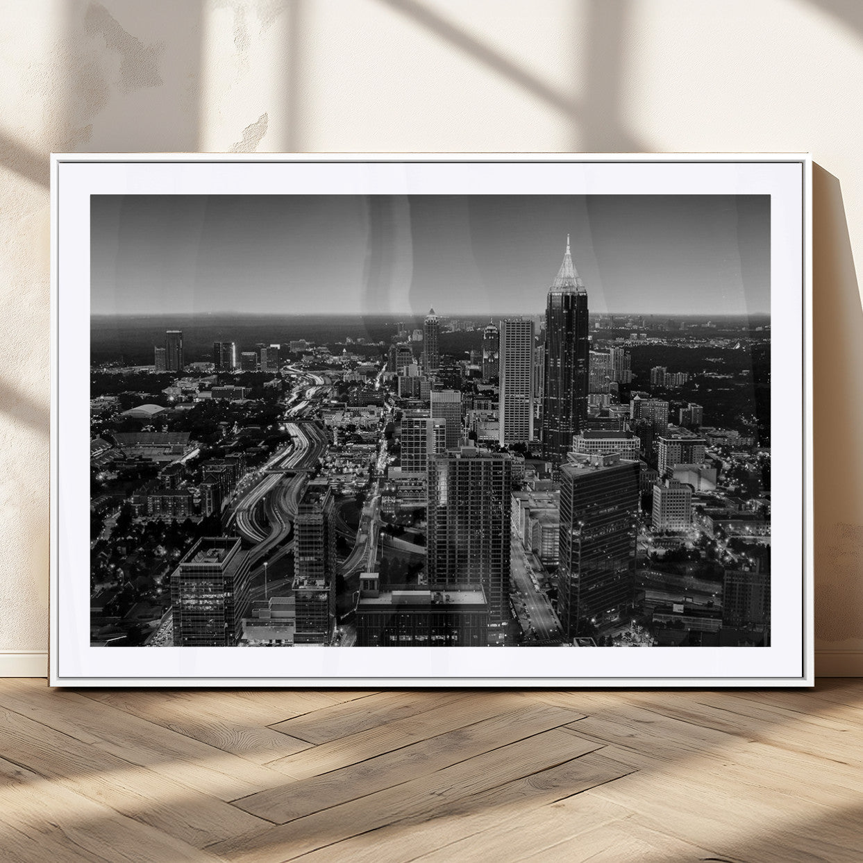 46578567-MGC-FP-36x24_White-Atlanta Skyline Wall Art – Black and White Cityscape Canvas Print, Modern Urban Night Decor for Office, Living Room, or Apartment