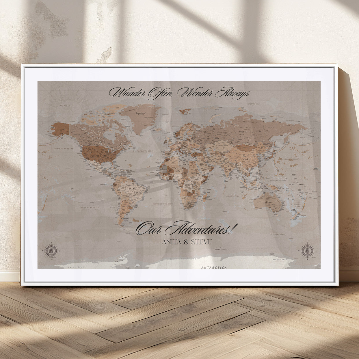 95243244-MGV-CV-36X24-Wander Often Wonder Always World Map Wall Art – Neutral Beige Adventure Canvas Print, Rustic Boho Travel Decor for Bedroom, Living