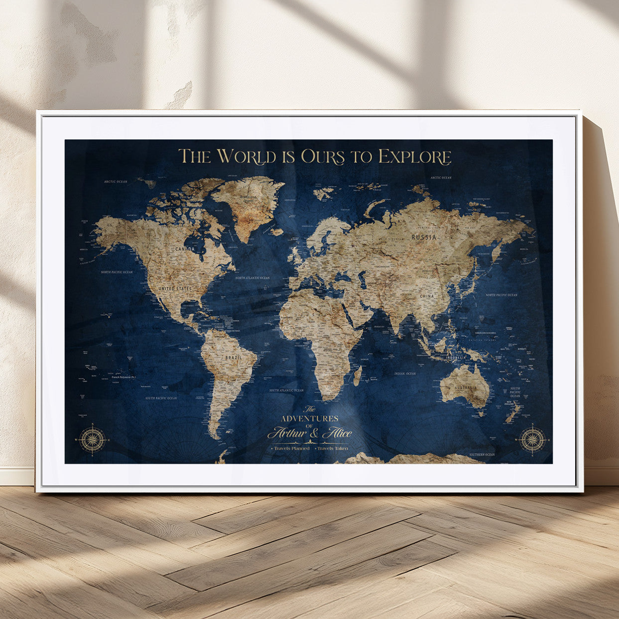 54782997-MGC-FP-36x24_White-The World is Ours to Explore Wall Art – Blue World Map Canvas Print, Adventure Travel Decor for Home, Office or Living Room,