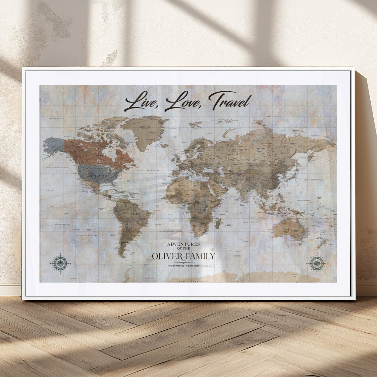 43924907-MGC-FP-36x24_White-Live Love Travel Wall Art – Neutral World Map Canvas Print, Rustic Adventure Decor for Home, Office or Living Room, Unique Gift