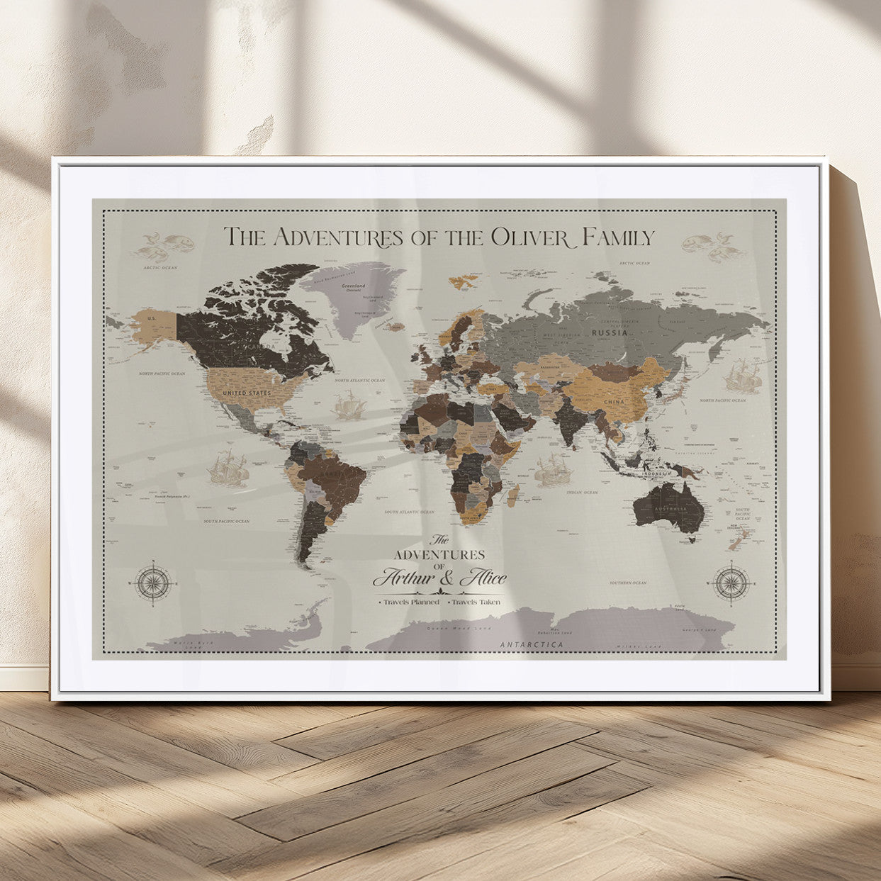 38723540-MGV-CV-36X24-Adventures of the Oliver Family Wall Art – Earth Tone World Map Canvas Print, Minimalist Travel Decor for Living Room, Bedroom or