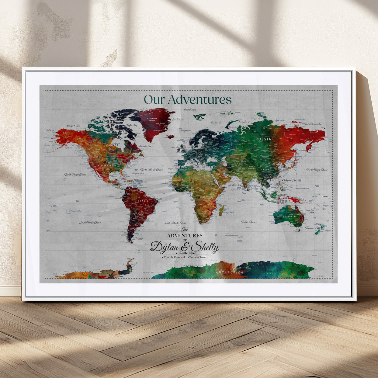 50035254-MGC-FP-36x24_White-Personalized Colorful Push Pin World Map Canvas – Custom Framed Travel Tracker Wall Art with Pins, Unique Adventure Decor for Home, Office