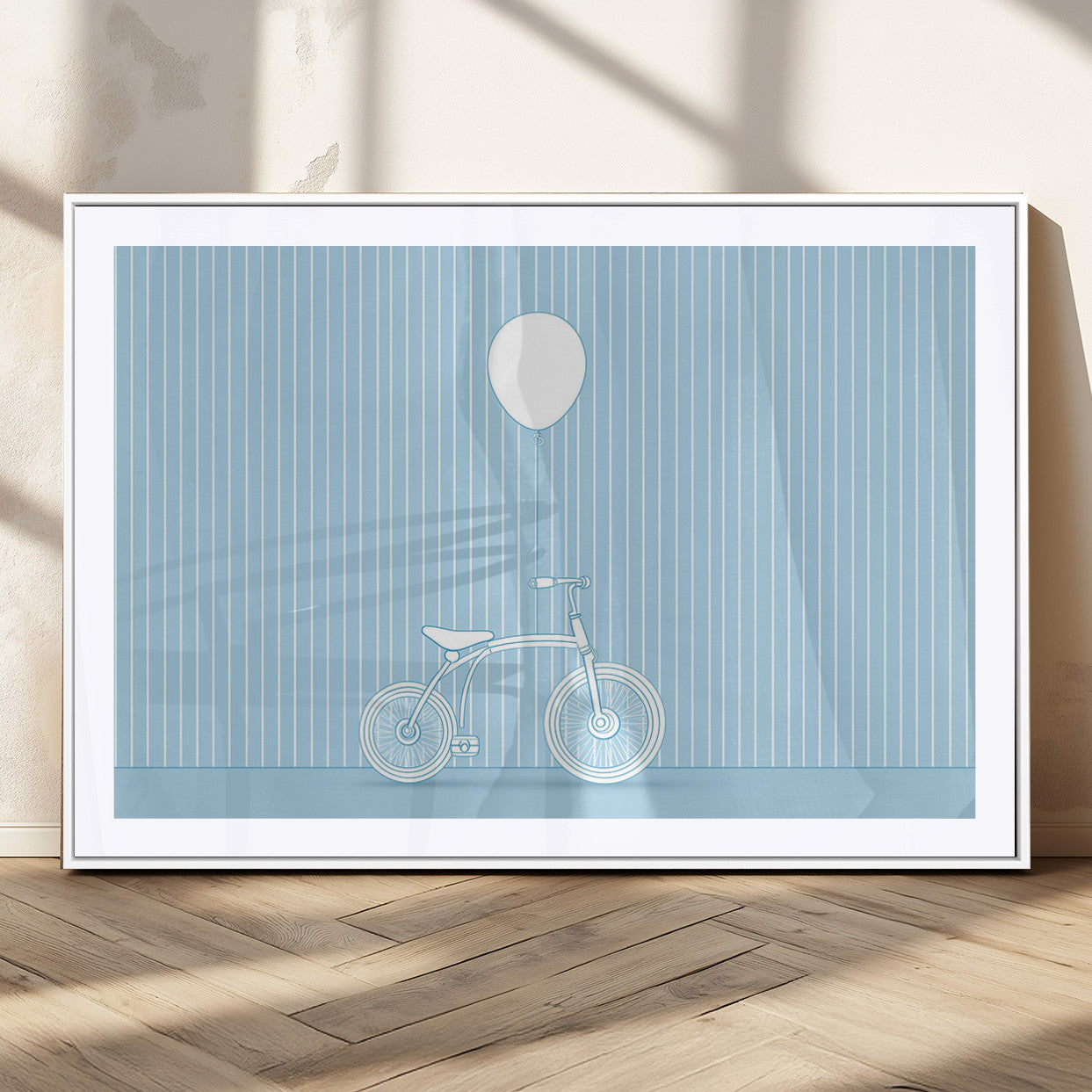 56479838-MGC-FP-36x24_White-Bicycle Wall Art – Minimalist Blue Canvas Print with Balloon Illustration, Modern Decor Artwork for Kids Room, Nursery, or Living