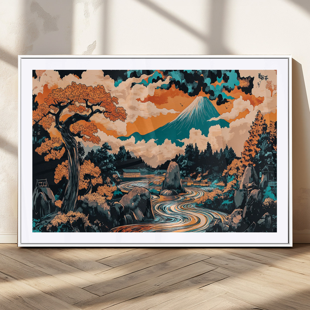 21638941-MGC-FP-36x24_White-Japanese Landscape Wall Art – Mount Fuji and Flowing River Ukiyo-e Style Canvas Print, Traditional Japan Inspired Artwork for