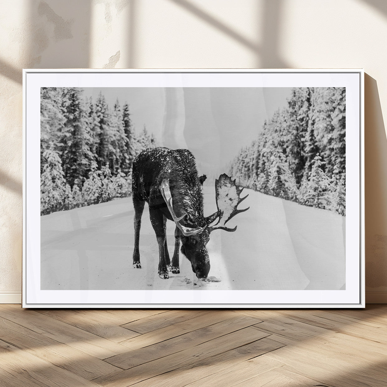 38956835-MGC-FP-36x24_White-Moose Winter Snowy Forest Canvas Wall Art – Wildlife Nature, Antlers in Frozen Landscape, Quiet Path, Cold Season Outdoors Print