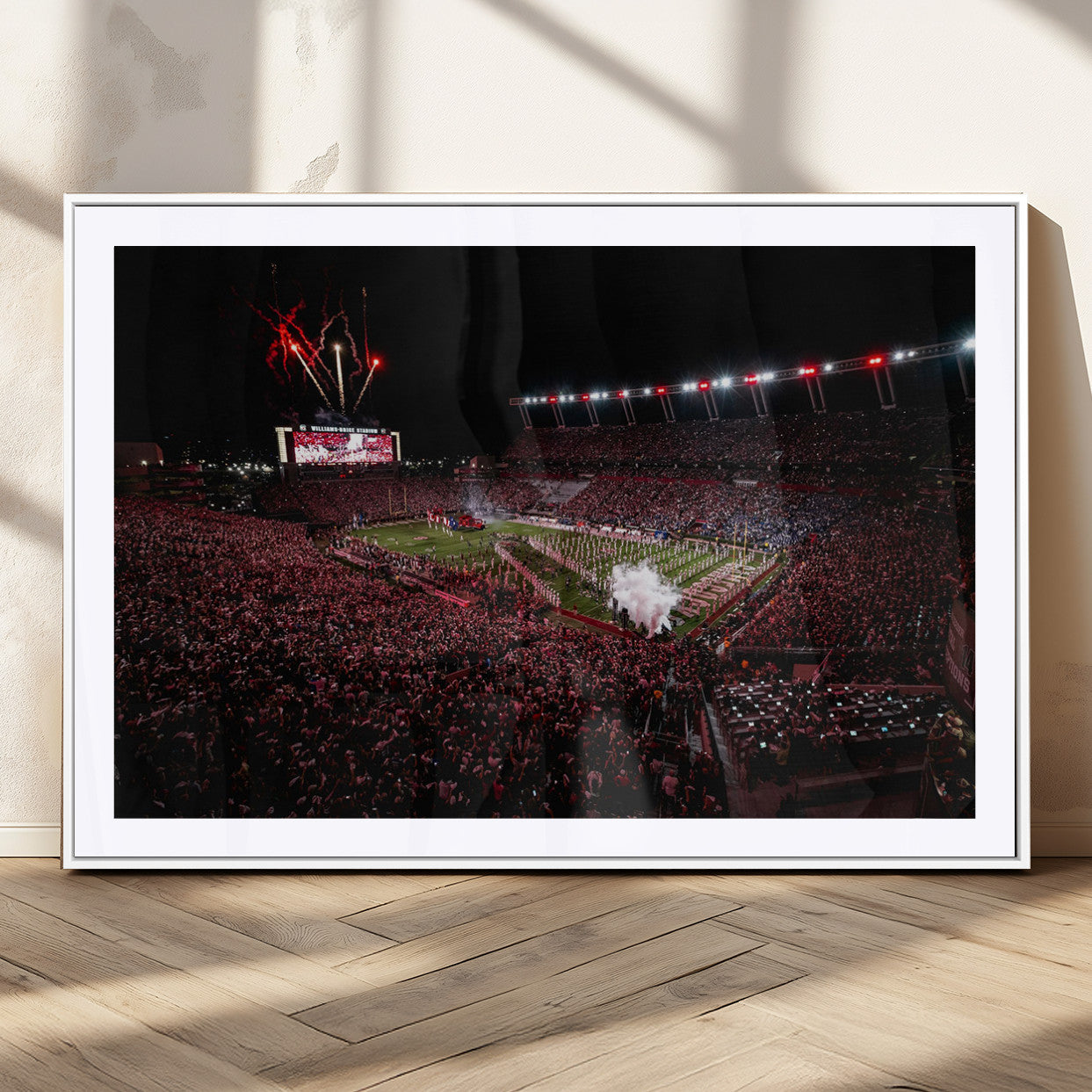 60690191-MGV-CV-36X24-Stadium Wall Art – Night Game Football Canvas Print with Fireworks, Marching Band and Crowd, Panoramic Sports Photography for Man