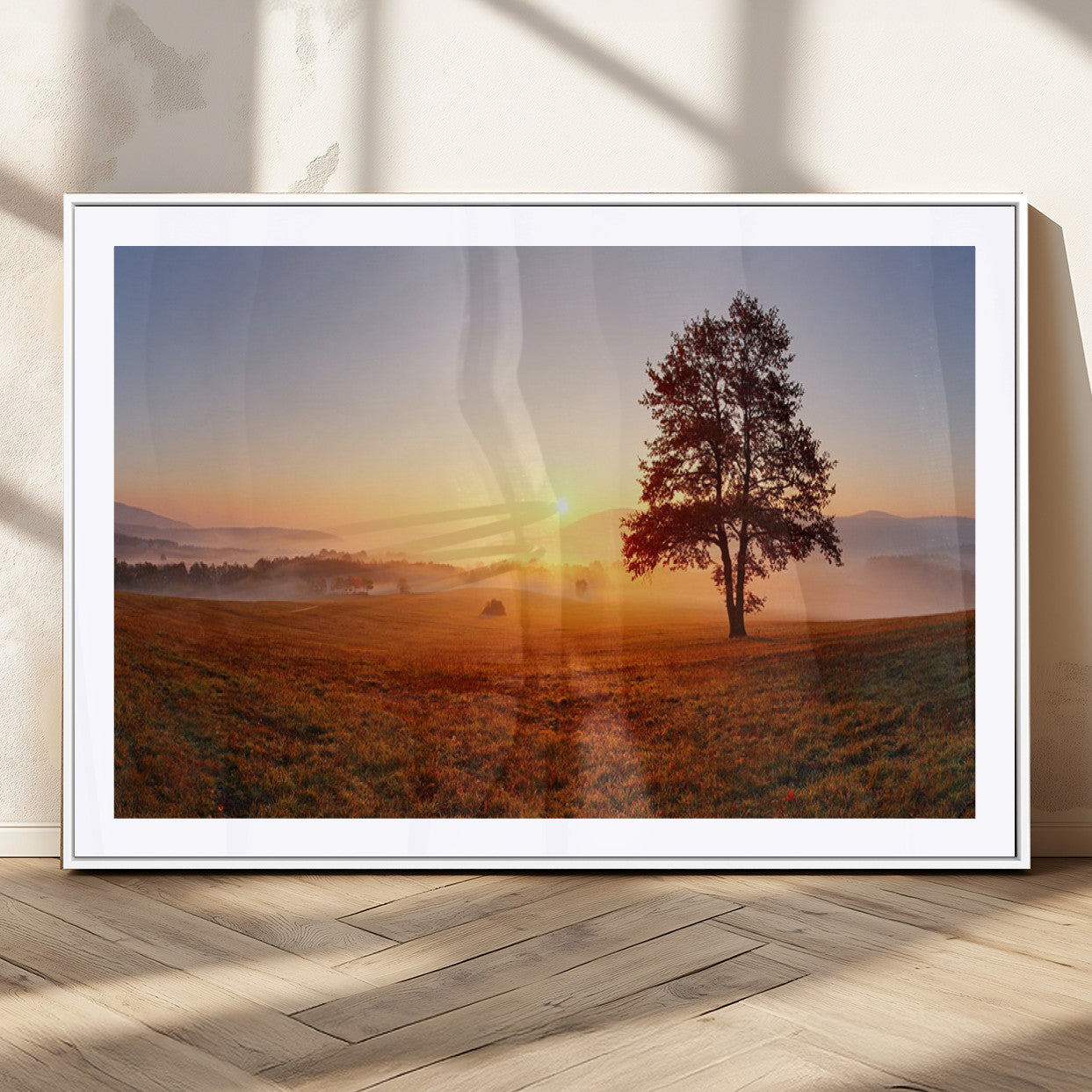 57919623-MGC-FP-36x24_White-Sunrise Landscape Wall Art – Golden Morning Canvas Print with Tree, Misty Hills and Open Field, Peaceful Nature Photography for
