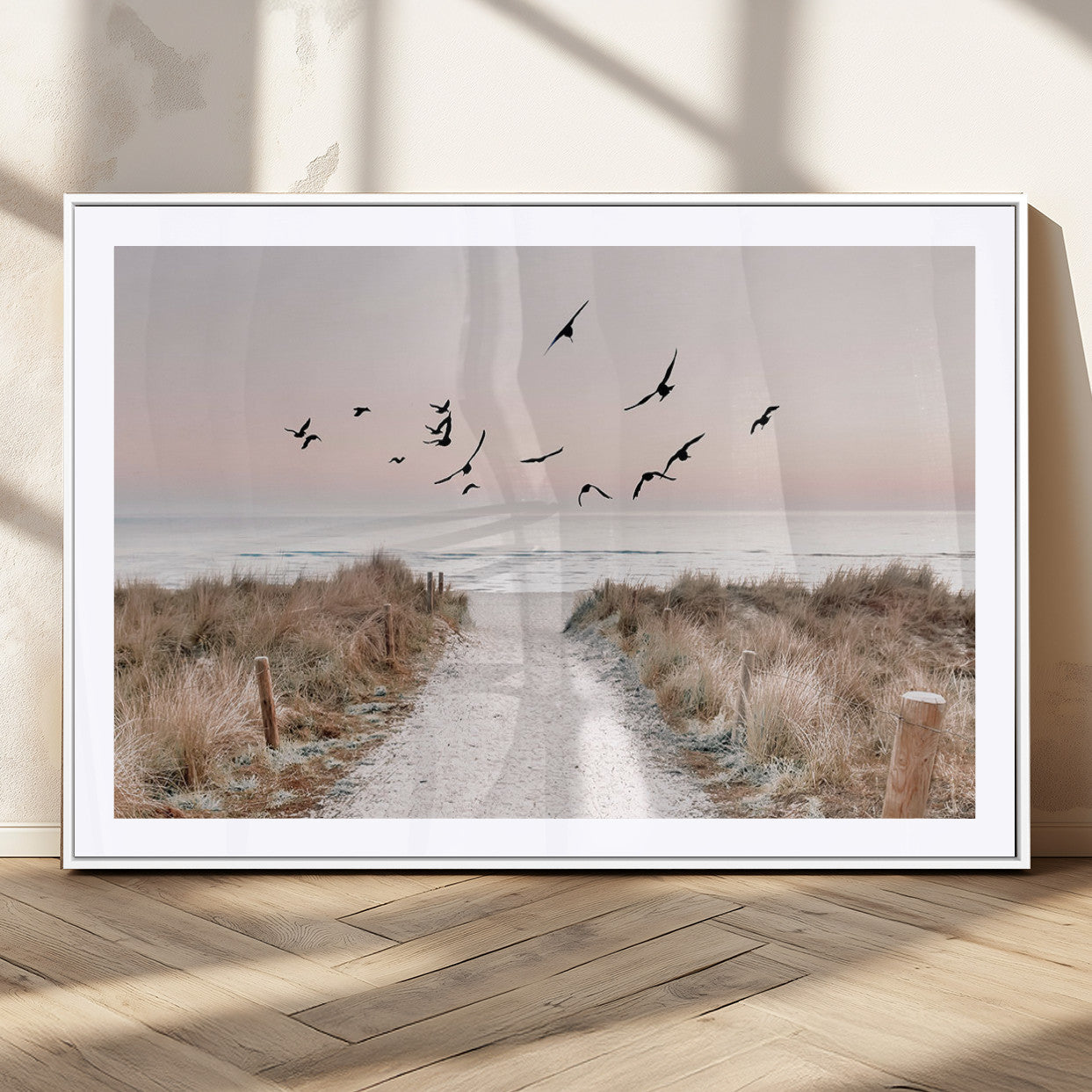 34632598-MGV-CV-36X24-Beach Pathway Wall Art – Coastal Canvas Print with Sandy Trail, Flying Birds and Pastel Sky, Serene Ocean Landscape Photography
