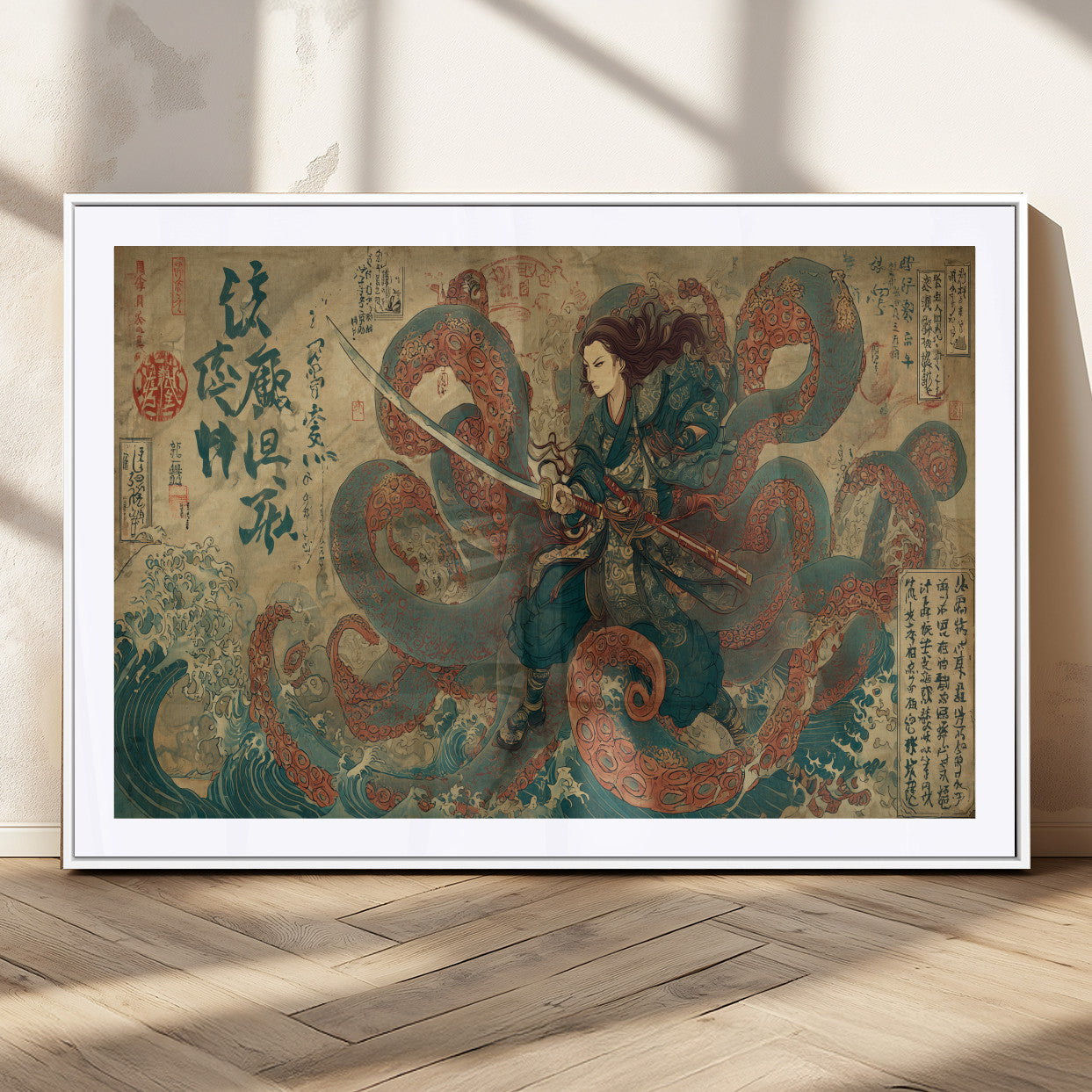 98593115-MGV-CV-36X24-Tsukioka Yoshitoshi Samurai Wall Art Print, Japanese Katana Warrior Canvas Wall Art, Octopus Sea Monster Canvas Print,
