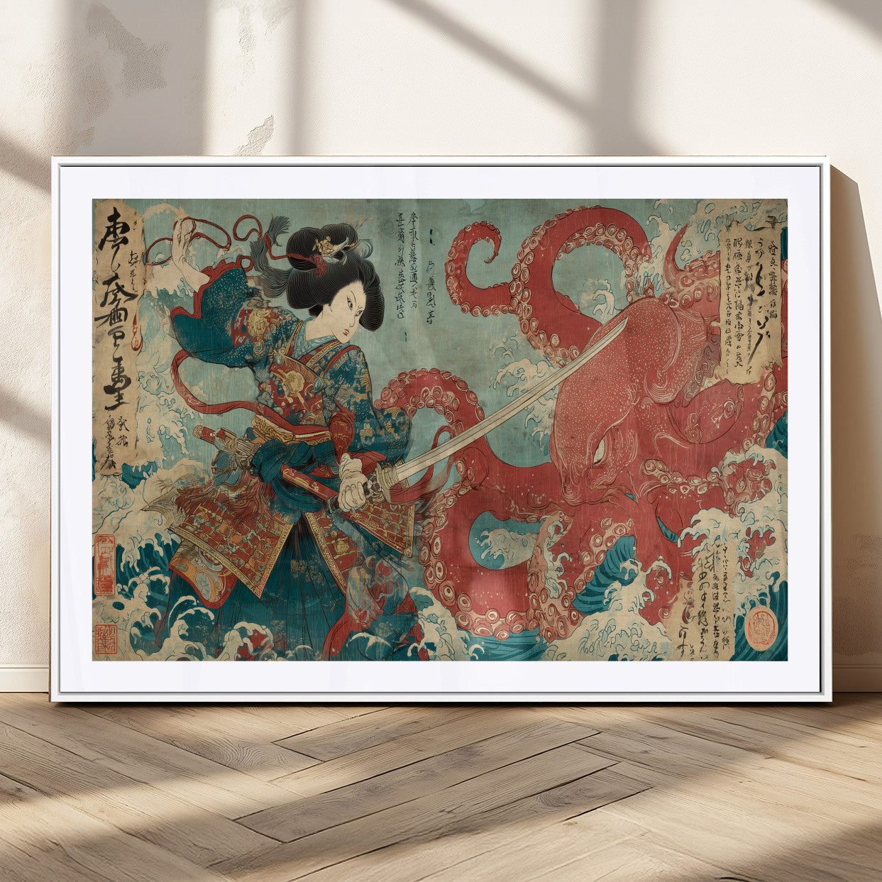68844327-MGV-CV-36X24-Tsukioka Yoshitoshi Samurai Wall Art Print, Japanese Katana Warrior Canvas Wall Art, Octopus Sea Monster Canvas Print,