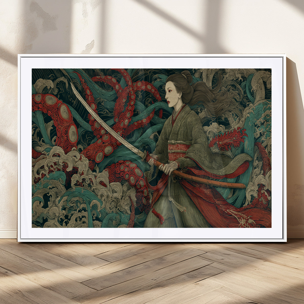 18902796-MGC-FP-36x24_White-Samurai Woman vs Octopus Wall Art – Japanese Ukiyo-e Green Kimono Canvas Print, Ocean Battle Scene Artwork for Living Room,