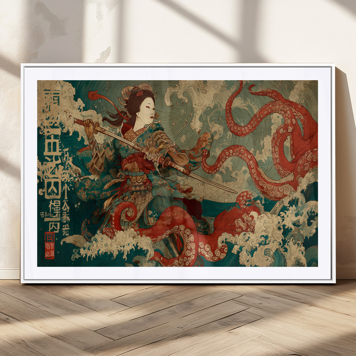 60201267-MGC-FP-36x24_White-Samurai Woman vs Octopus Wall Art – Japanese Ukiyo-e Armor Canvas Print, Red Tentacle Ocean Battle Artwork for Living Room,