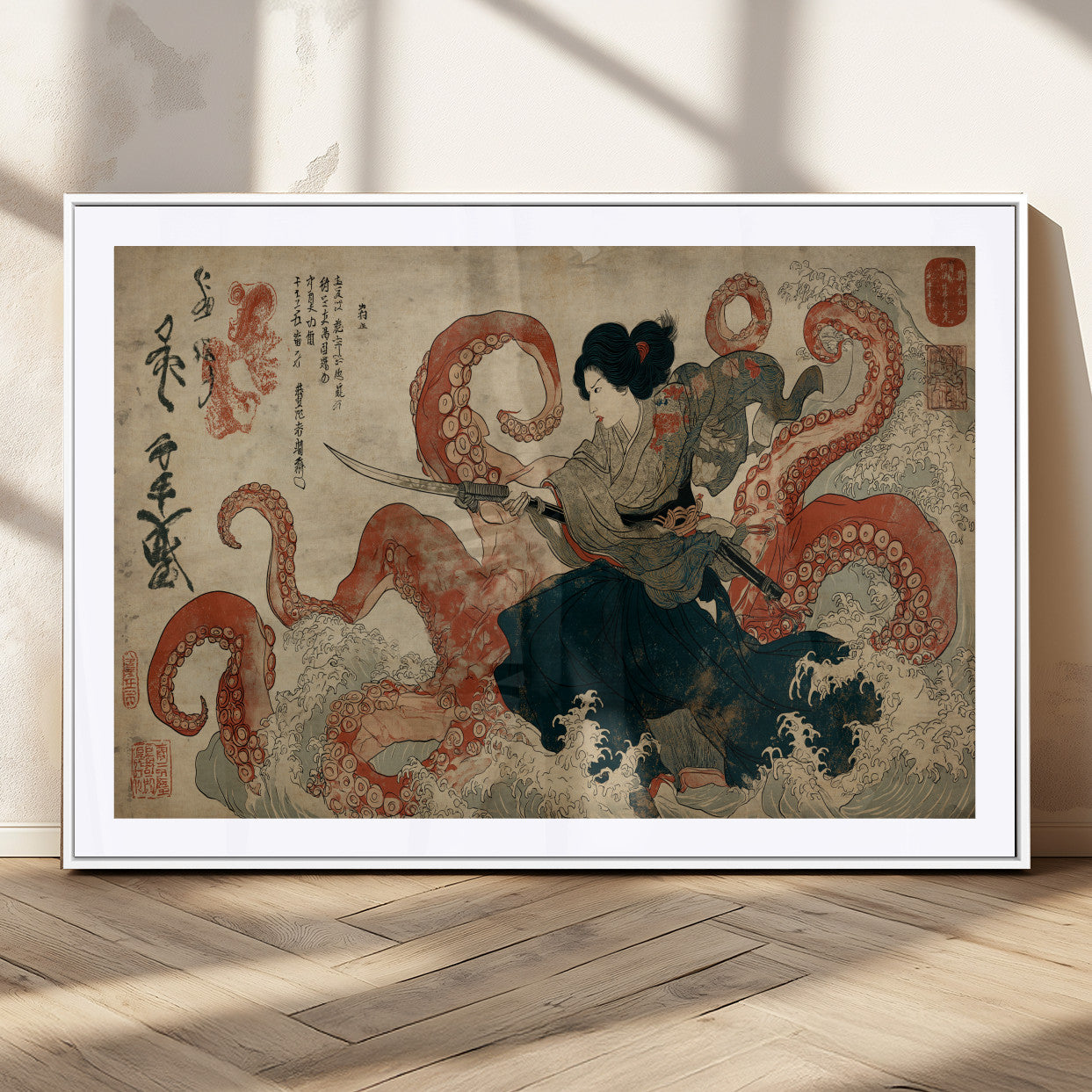 82737246-MGC-FP-36x24_White-Samurai Woman vs Octopus Wall Art – Japanese Ukiyo-e Dual Sword Canvas Print, Red Tentacle Ocean Battle Artwork for Living Room,