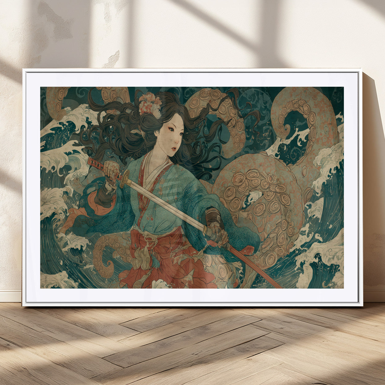 79740258-MGC-FP-36x24_White-Samurai Woman vs Octopus Wall Art – Japanese Ukiyo-e Blue Kimono Canvas Print, Ocean Battle Artwork for Living Room, Office, Man