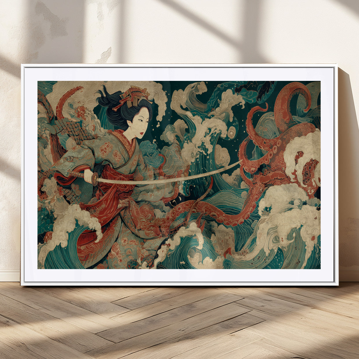 30212982-MGV-CV-36X24-Samurai Woman vs Octopus Wall Art – Japanese Ukiyo-e Style Warrior and Sea Monster Canvas Print, Mythology Inspired Artwork for