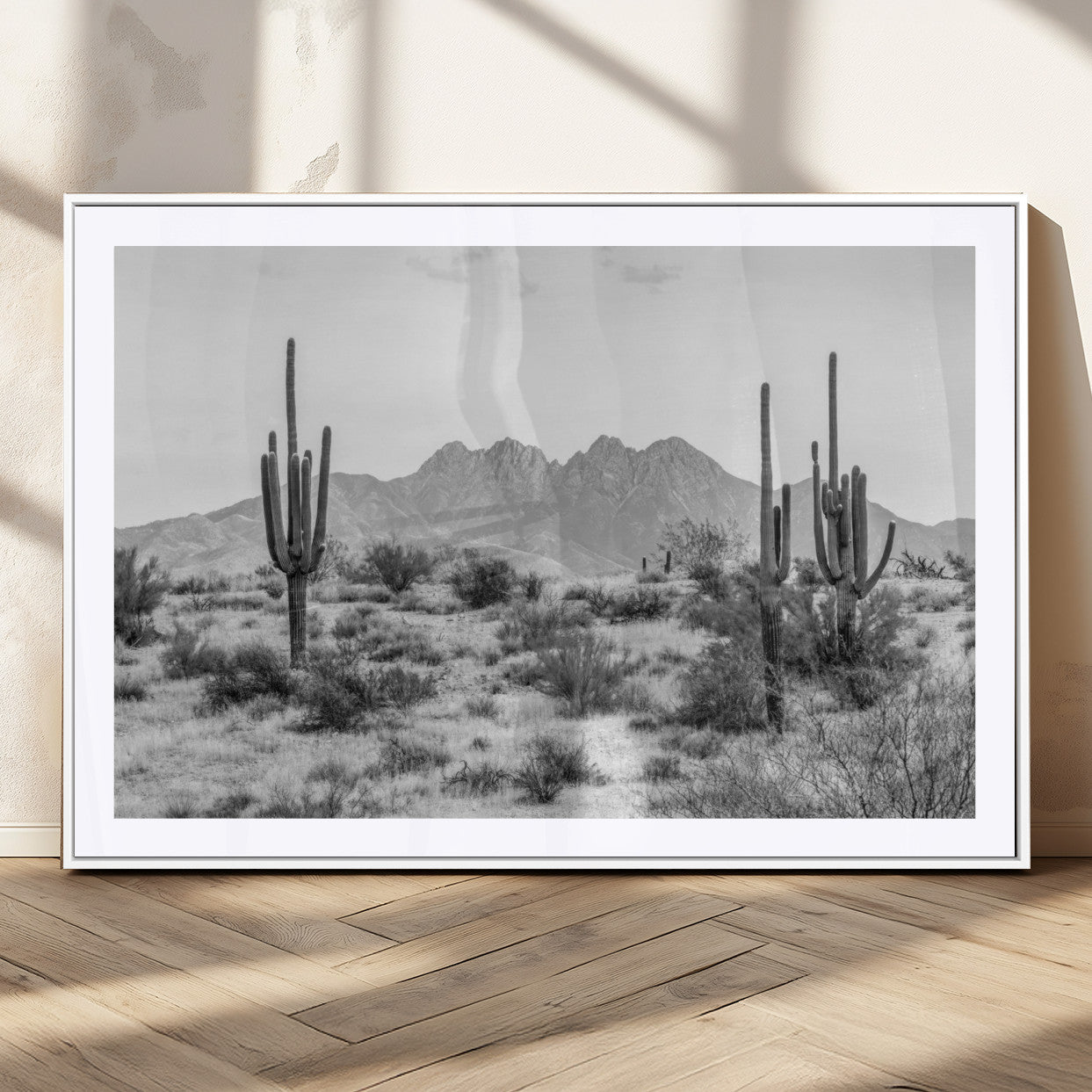 97436PHN-MGC-FP-36x24_White-Desert Landscape Wall Art – Black and White Cactus and Mountain Canvas Print, Southwestern Nature Photography for Living Room,