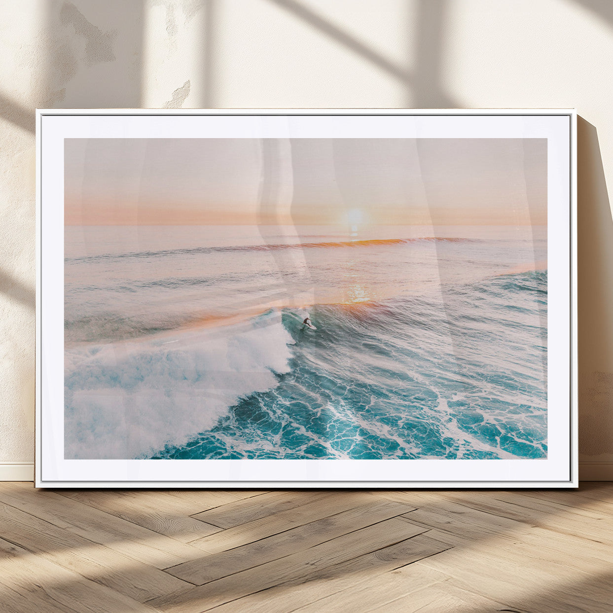 34064591-MGC-FP-36x24_White-Surfing Wall Art – Sunset Ocean Wave Canvas Print, Surfer Riding Sea Photography Decor for Bedroom, Living Room, Office, Coastal