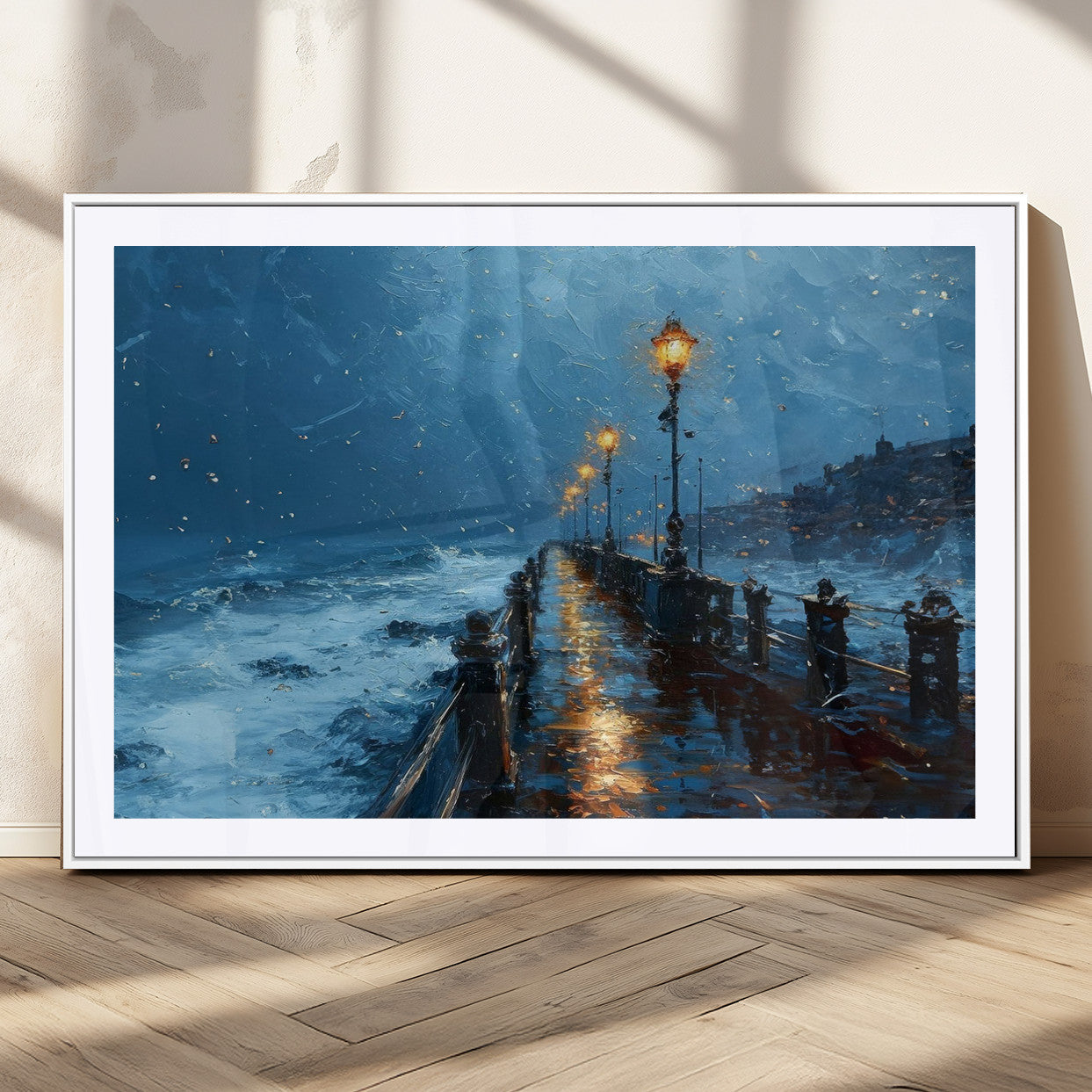93793246-MGV-CV-36X24-Stormy Night Pier Canvas Wall Art – Moody Ocean Landscape with Lights, Blue Coastal Seascape Print for Bedroom, Living Room,