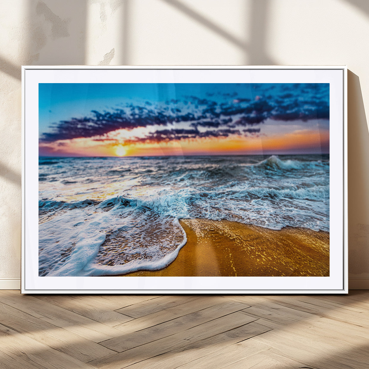 24077769-MGC-FP-36x24_White-Sunset Beach Wall Art – Ocean Waves Canvas Print, Golden Shoreline Photography Coastal Decor for Living Room, Bedroom, Office,