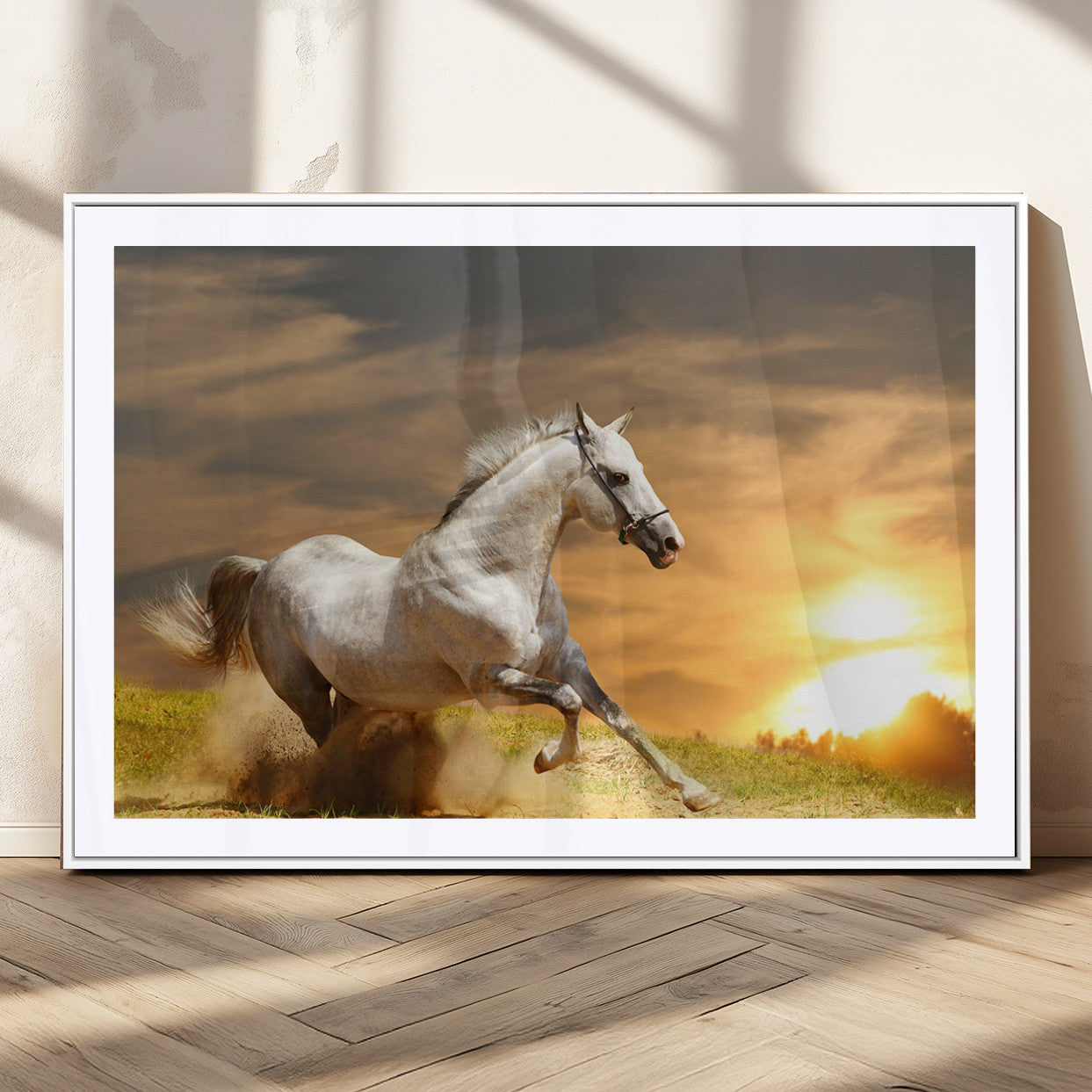 67478480-MGC-FP-36x24_White-White Horse Running at Sunset Wall Art – Majestic Equestrian Photography Print, Rustic Farmhouse Decor, Golden Sky Horse Lover