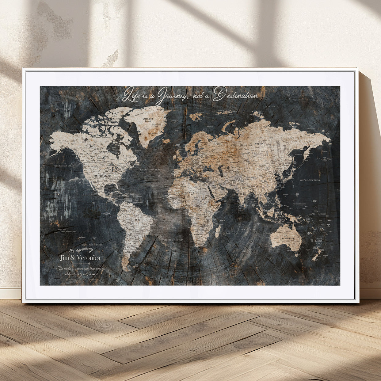 55548943-MGC-FP-36x24_White-Personalized World Map Wall Art – Rustic Wood Texture Adventure Travel Map with Custom Couple Names, Vintage Dark Wall Decor for