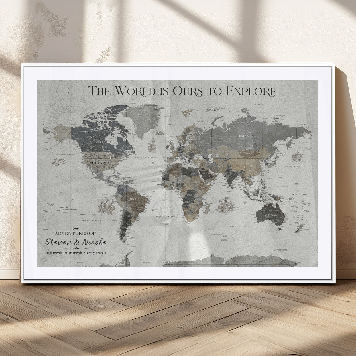 97082026-MGC-FP-36x24_White-Personalized World Map Wall Art – Vintage Gray Adventure Travel Map with Custom Couple or Family Names, Rustic Wall Decor for Home
