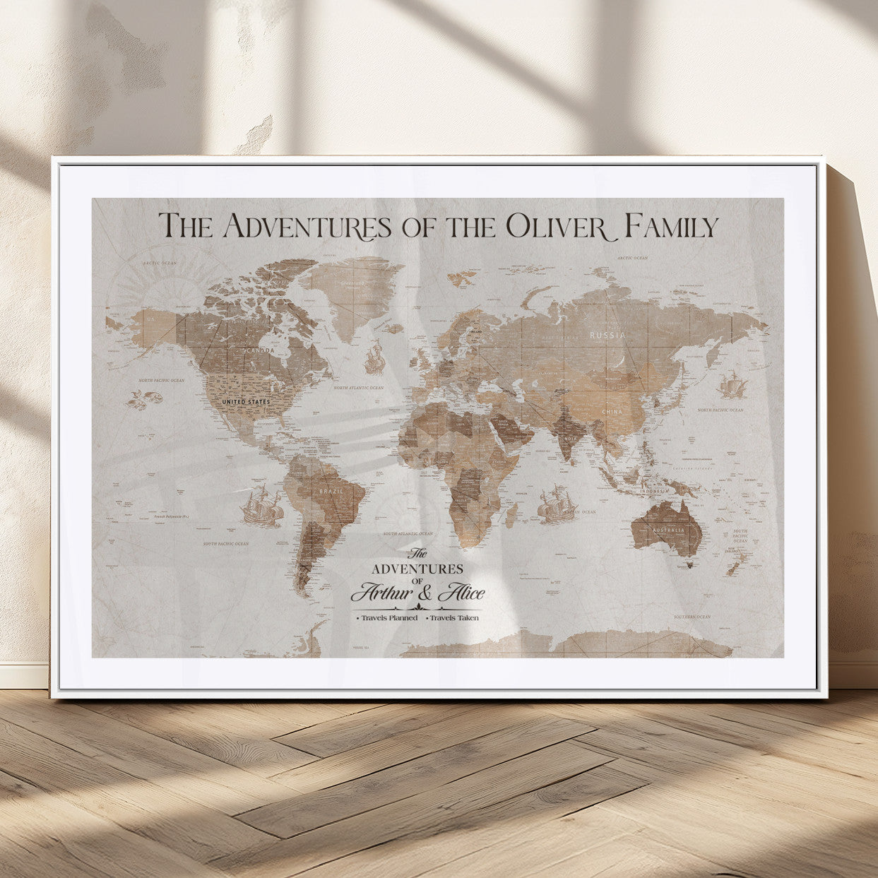 43869621-MGC-FP-36x24_White-Personalized World Map Wall Art – Light Beige Sepia Adventure Travel Map with Custom Family or Couple Names, Rustic Wall Decor for