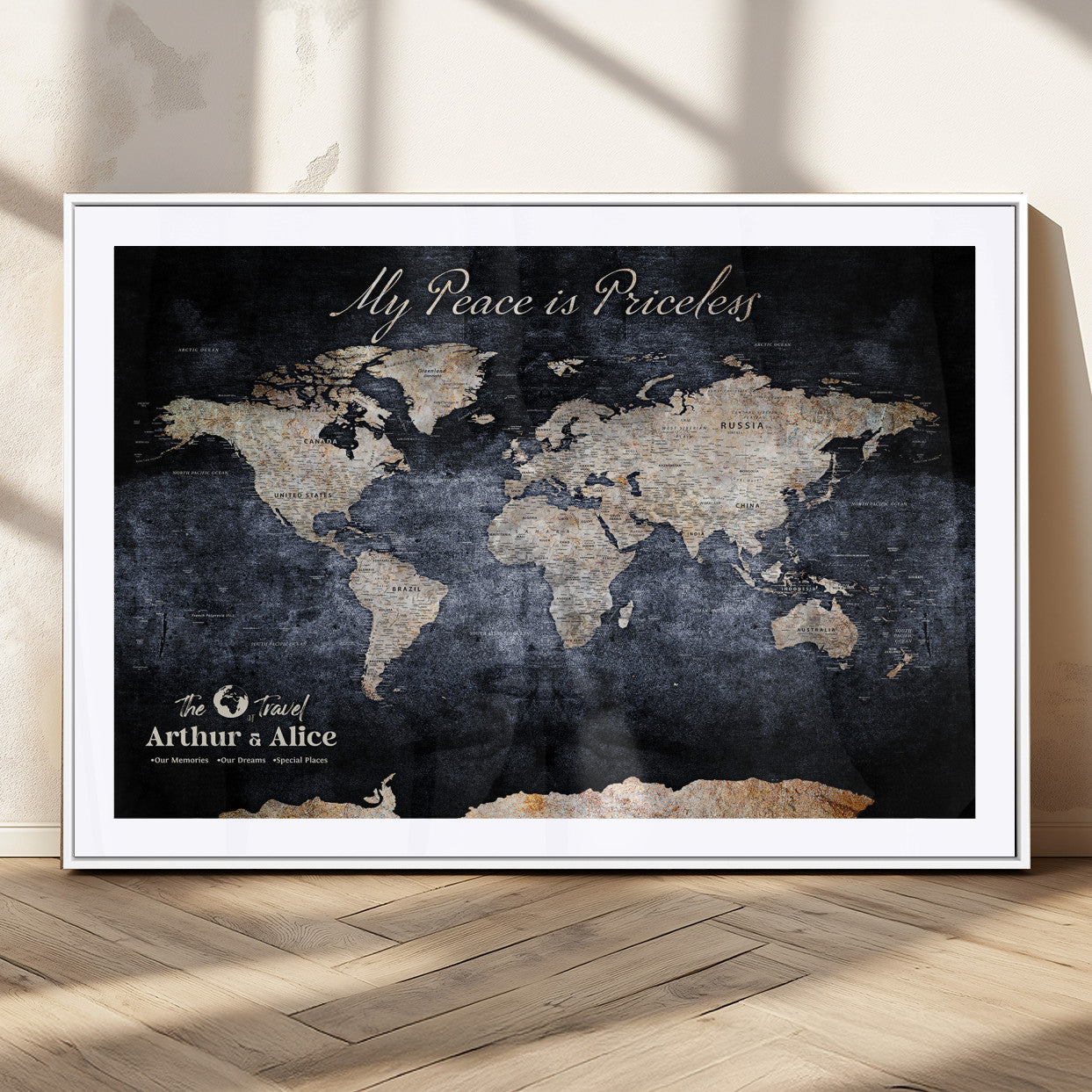 85403043-MGC-FP-36x24_White-Personalized World Map Wall Art – Dark Blue Rustic Adventure Map with Custom Couple Names, Vintage Wall Decor for Home or Travel