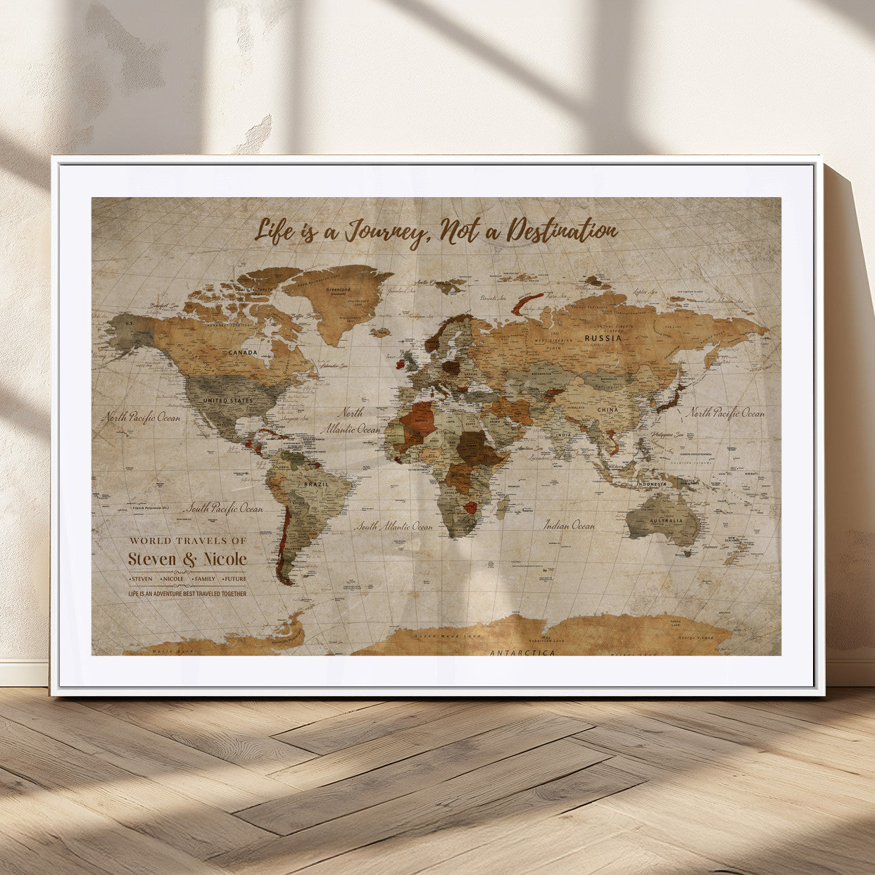 75179116-MGC-FP-36x24_White-Personalized World Map Wall Art – Rustic Vintage Travel Map with Custom Names, Inspirational Adventure Décor for Couples, Families