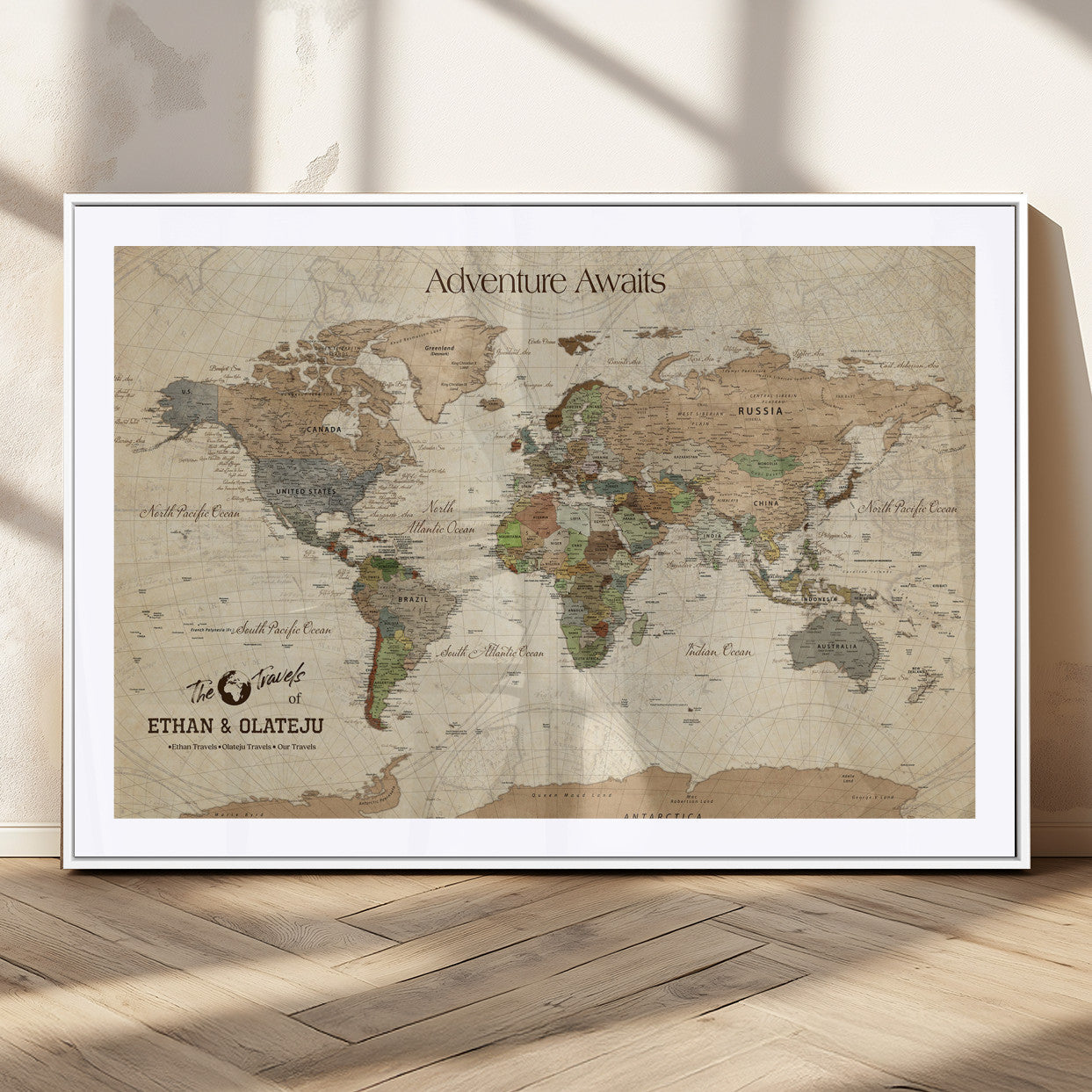 62766900-MGC-FP-36x24_White-Personalized World Map Wall Art – Antique Parchment Adventure Travel Map with Custom Couple Names, Rustic Wall Decor for Home,