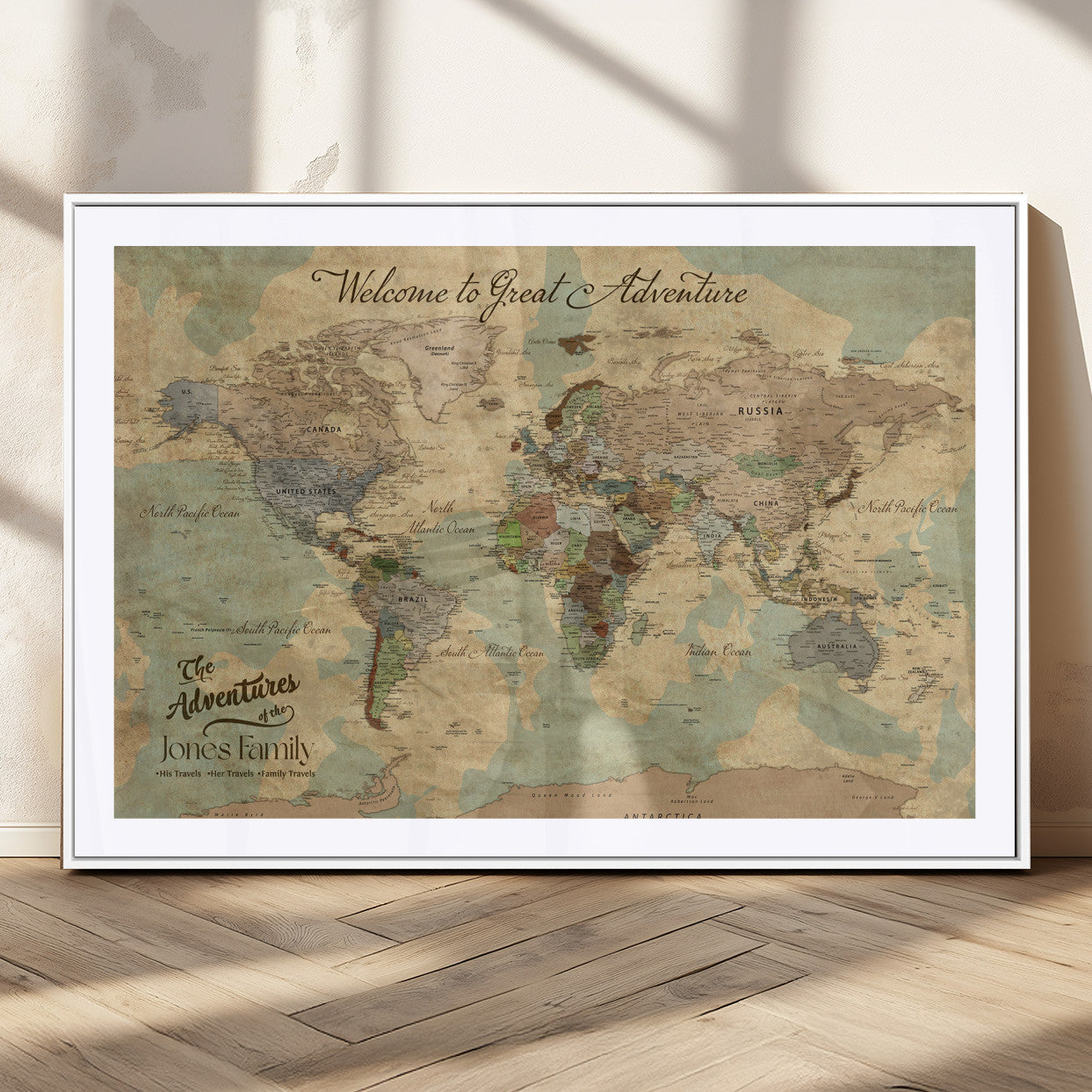 32019746-MGC-FP-36x24_White-Personalized World Map Wall Art – Vintage Camo Adventure Travel Map with Custom Family Names, Rustic Wall Decor for Couples, Home