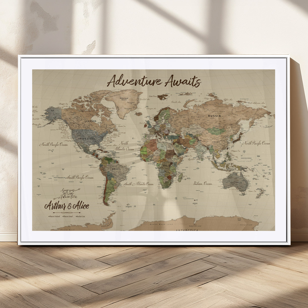 53442996-MGC-FP-36x24_White-Personalized World Map Wall Art – Adventure Awaits Vintage Travel Map with Custom Couple Names, Rustic Wall Decor for Home,