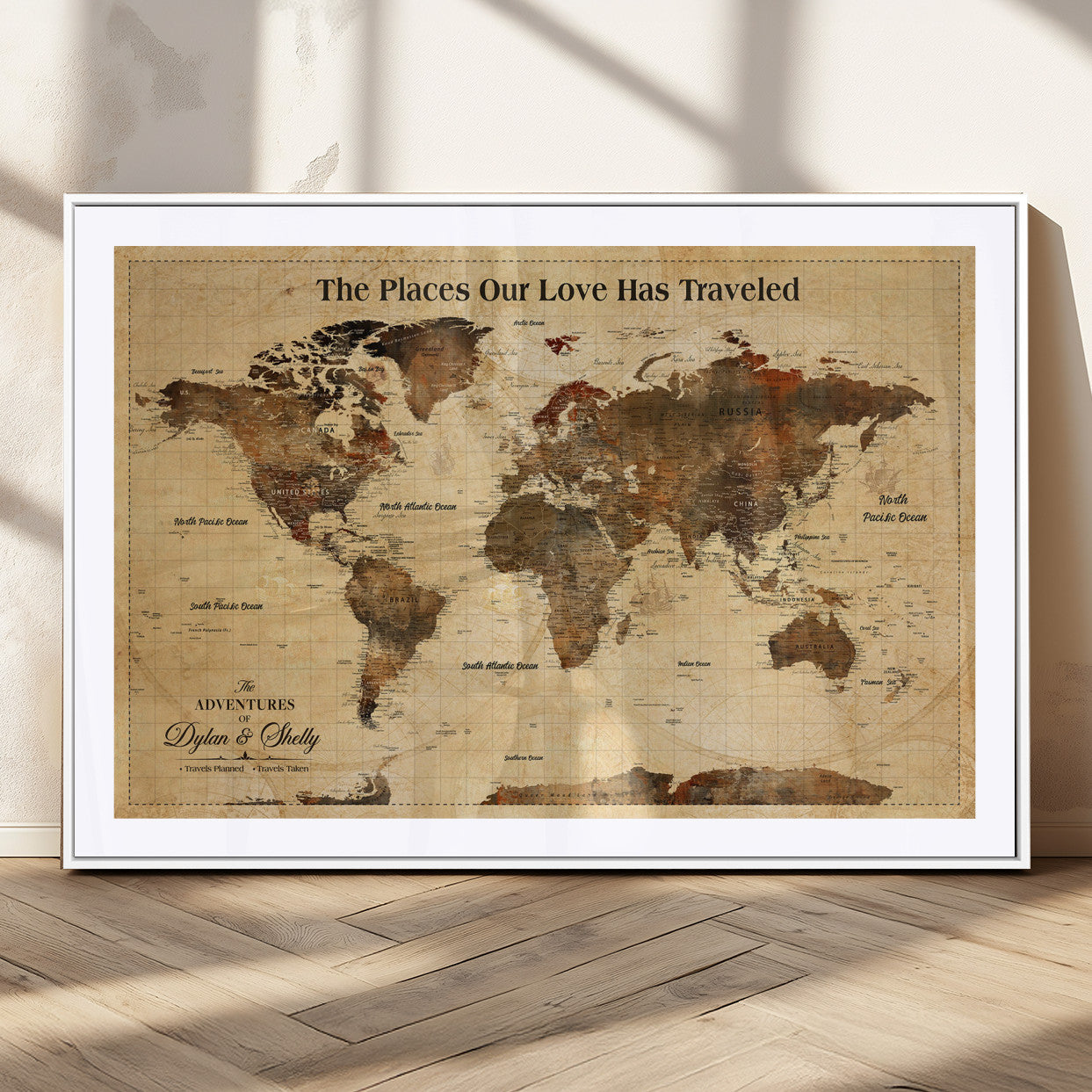 50680593-MGC-FP-36x24_White-Personalized World Map Wall Art – Rustic Brown Adventure Travel Map with Custom Names, Elegant Push Pin Canvas for Couples Home,