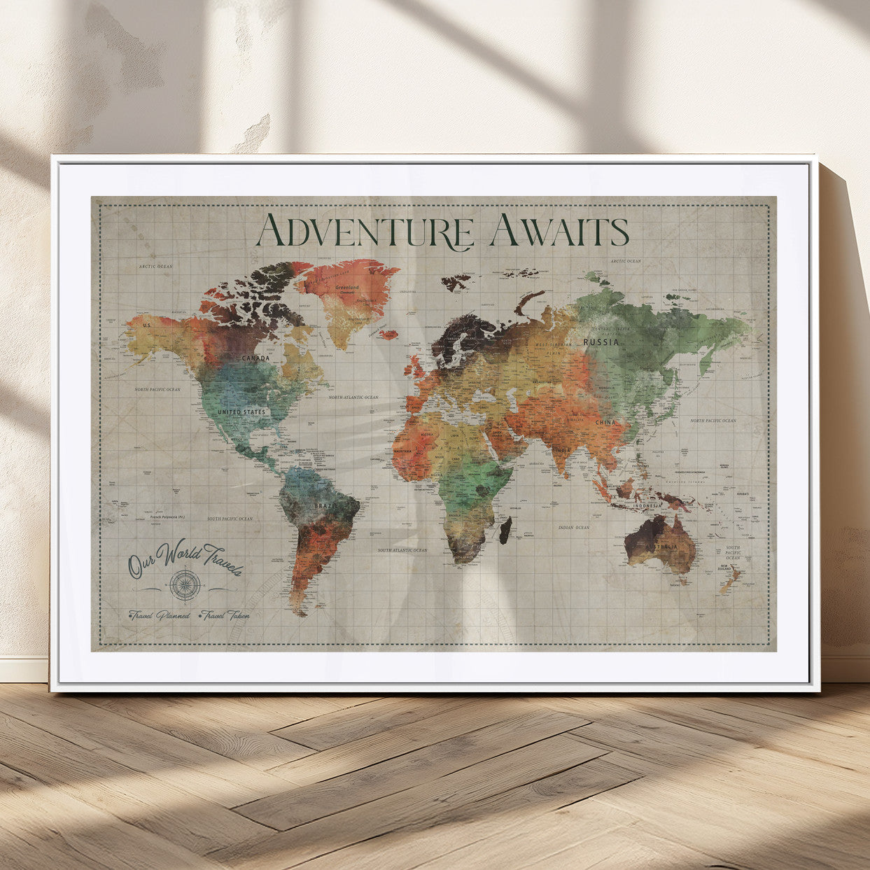 24737989-MGC-FP-36x24_White-Personalized World Map Wall Art – Colorful Vintage Adventure Travel Map with Custom Names, Unique Wall Decor for Couples,