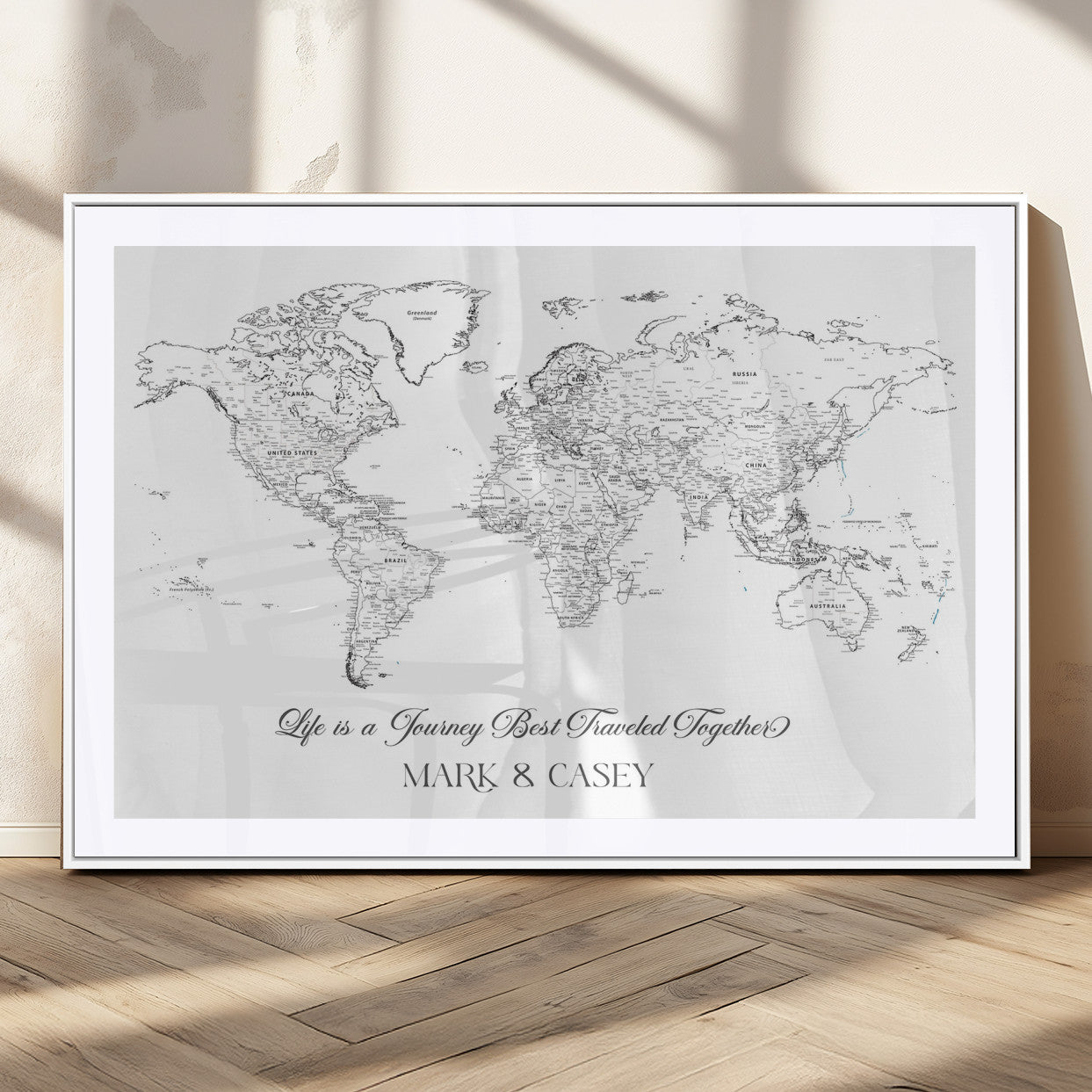 43438578-MGC-FP-36x24_White-Personalized World Map Wall Art – Black and White Minimal Travel Map with Custom Names, Elegant Wall Decor for Couples, Wedding or
