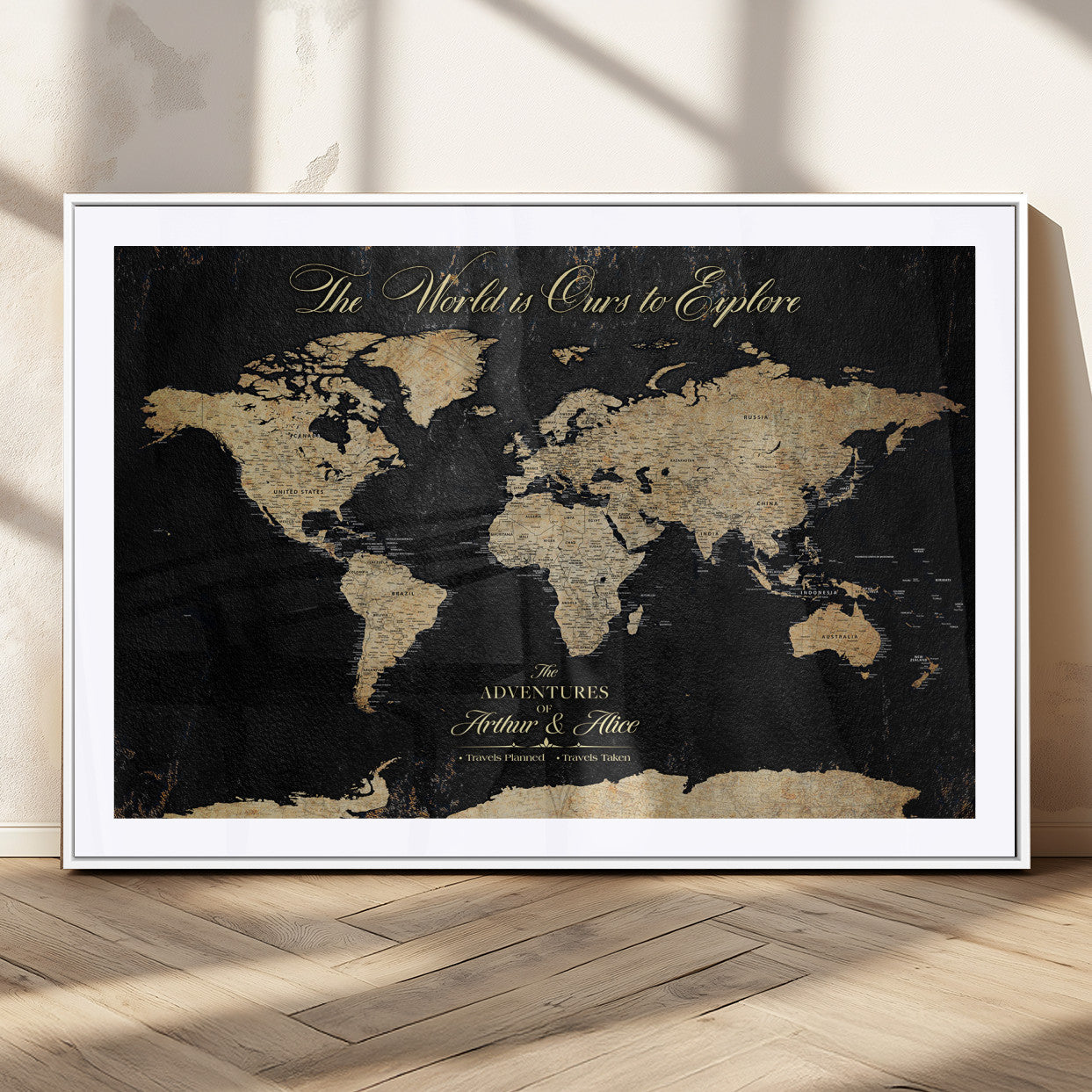 98947257-MGC-FP-36x24_White-Personalized World Map Wall Art – Vintage Black Adventure Travel Map with Custom Names, Elegant Push Pin Canvas for Couples Home