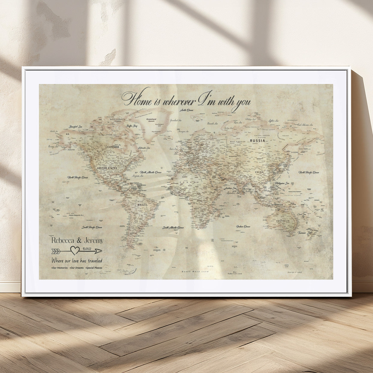 57950315-MGC-FP-36x24_White-Personalized World Map Wall Art – Vintage Beige Travel Map with Custom Names, Romantic Anniversary Gift for Couples, Adventure