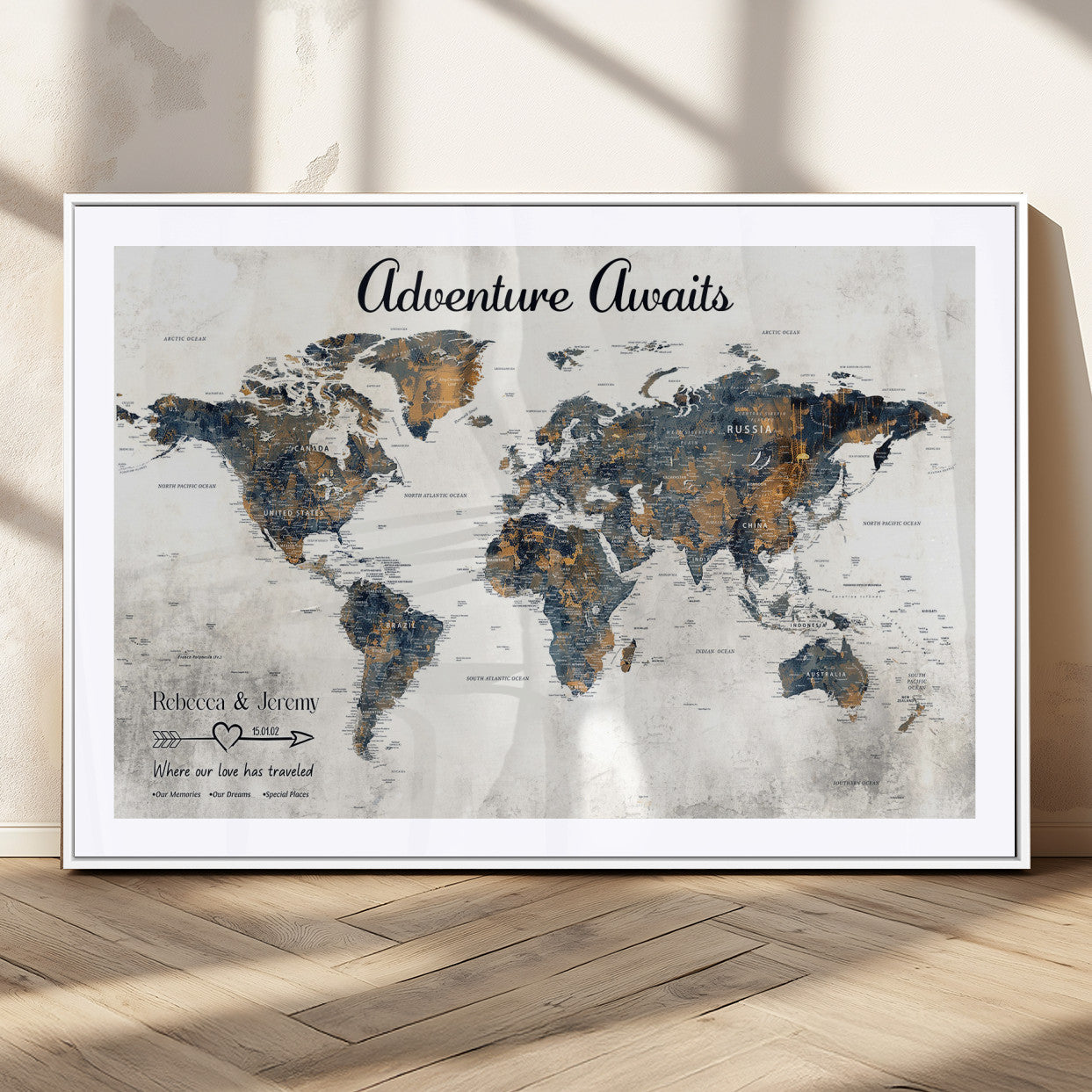 11751559-MGC-FP-36x24_White-Personalized World Map Wall Art – Elegant Adventure Travel Tracker Map for Couples & Families, Push Pin Canvas Poster Decor for Home, Office
