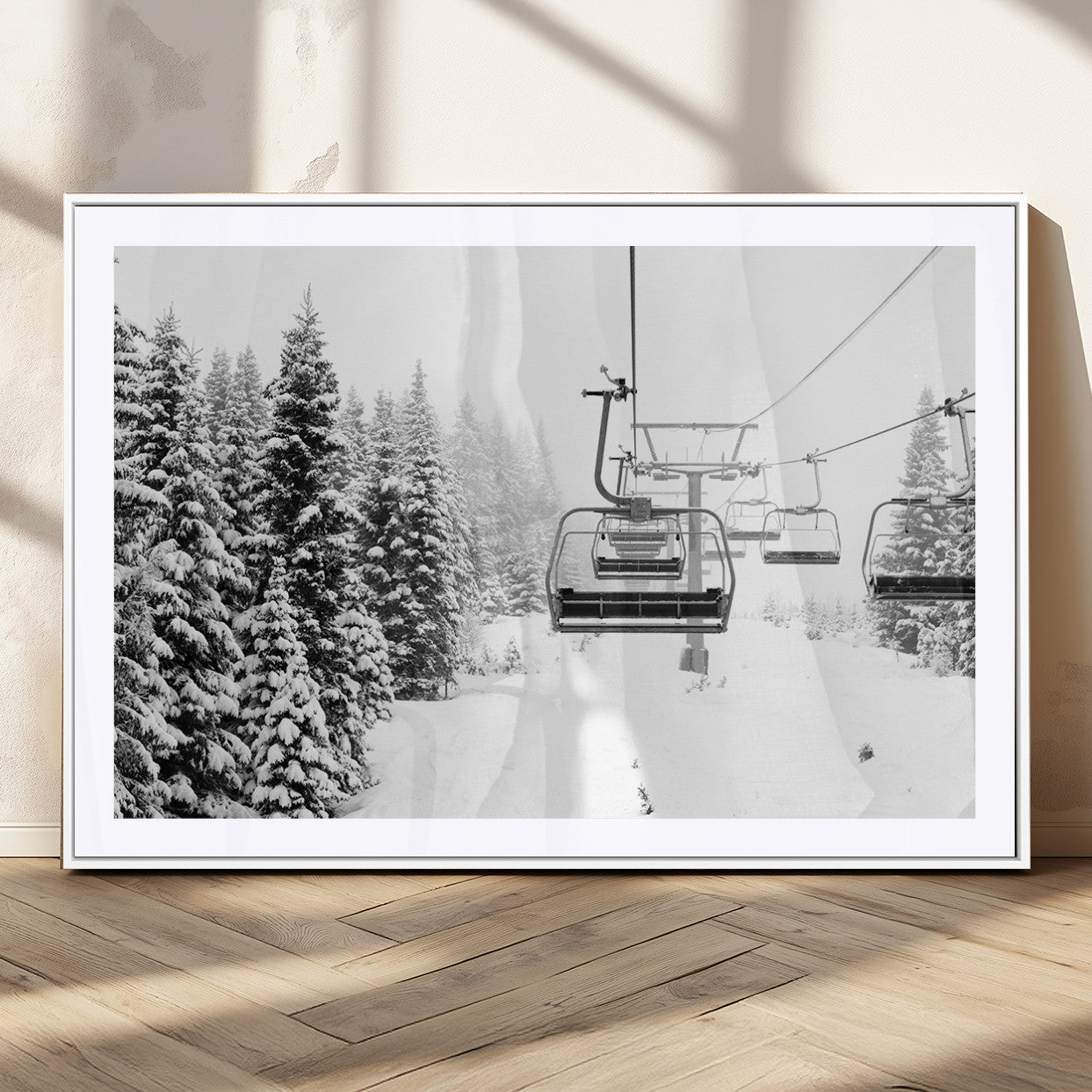49274-MGV-CV-36X24-Snowy Forest Wall Art Canvas Print, Framed Ski Lift Art Picture Print, Mountain Snow Perfect Minimal Winter Lodge Decor Artwork