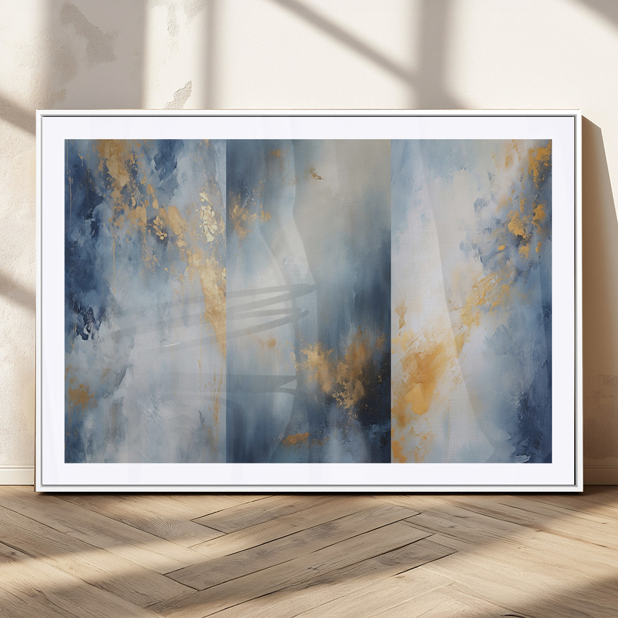 41836-MGC-FP-36x24_White-Abstract Gold Wall Art Canvas Print, Framed Blue Layers Art Picture Print, Elegant Cloud Perfect Elegant Minimalist Decor Artwork