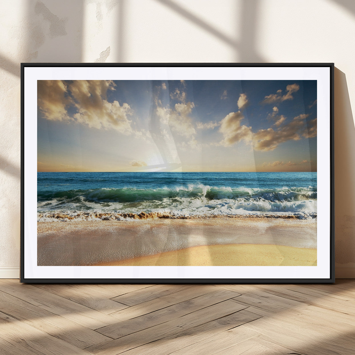 13139-MGC-FP-36x24_Black-Sunrise Beach Wall Art – Ocean Waves and Golden Sand Canvas Print, Coastal Home Decor for Living Room, Bedroom, or Office