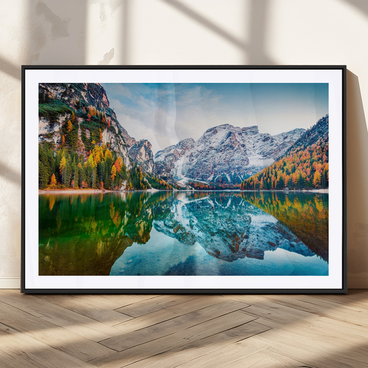 10402-MGC-FP-36x24_Black-Snowy Mountain Lake Wall Art – Autumn Landscape Canvas Print with Reflection, Nature Decor for Living Room, Office, Bedroom or