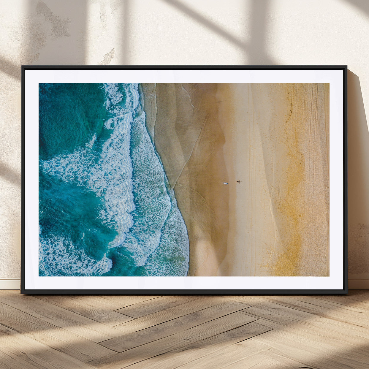 46640-MGV-CV-36X24-Aerial Beach Wall Art – Turquoise Waves and Golden Sand Canvas Print with Lone Surfer, Coastal Ocean Decor for Living Room,