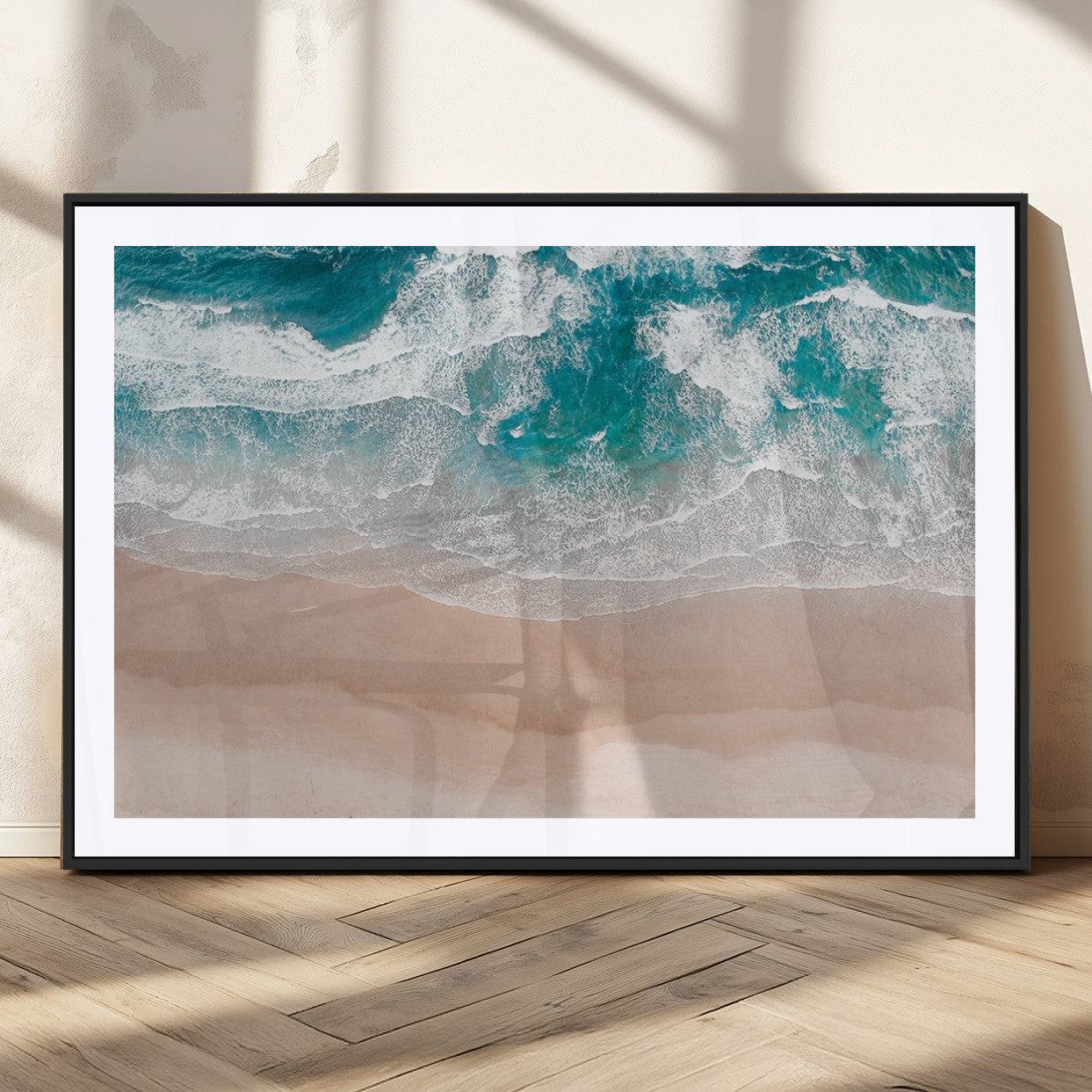 39236-MGC-FP-36x24_Black-Ocean Beach Wall Art – Aerial View of Waves and Sand Canvas Print, Coastal Home Decor for Living Room, Bedroom, Office or Beach