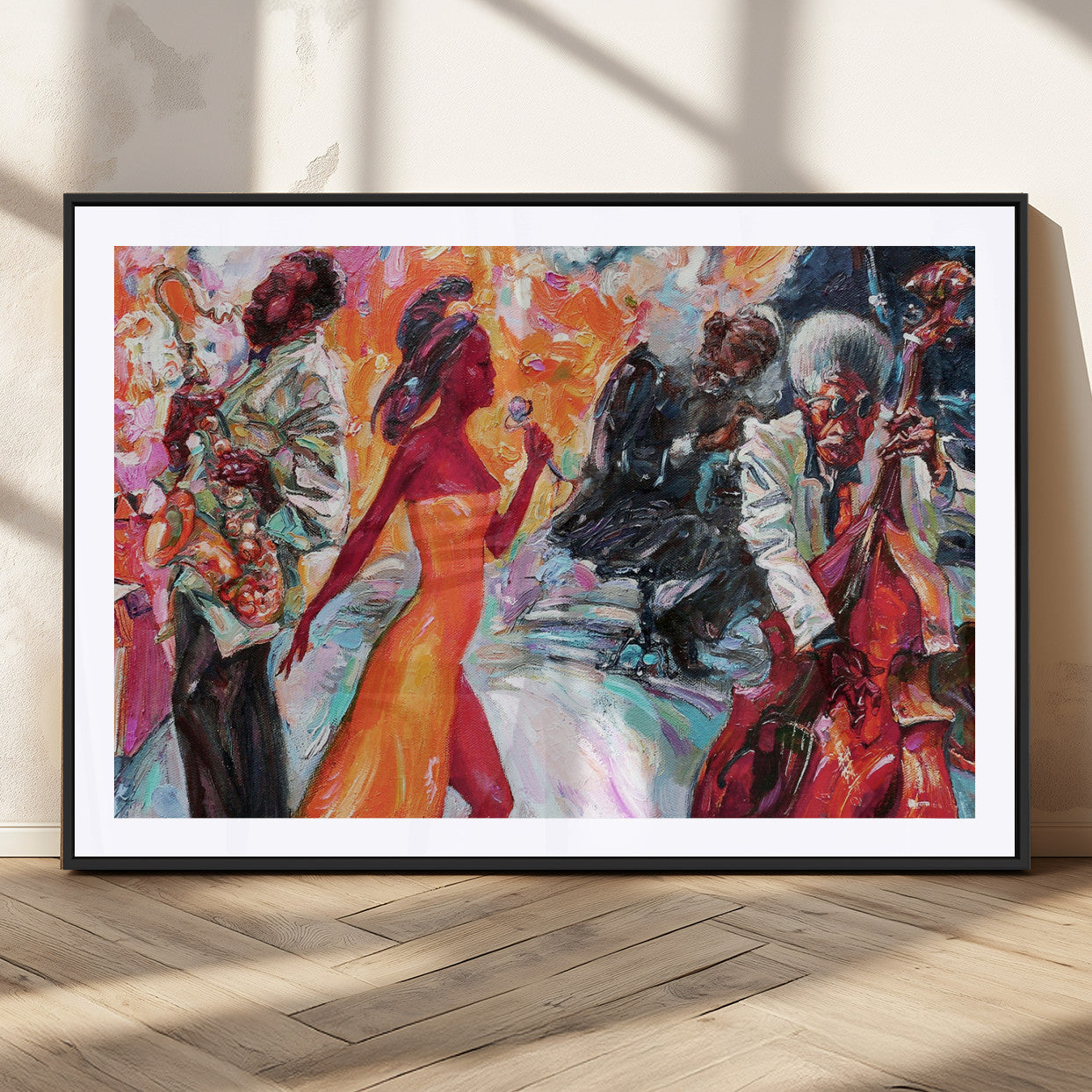 24452-MGC-FP-36x24_Black-Vibrant Jazz Musician Painting - Expressive Art Print of Live Jazz Band, Perfect Wall Decor for Music Lovers and Art Enthusiasts