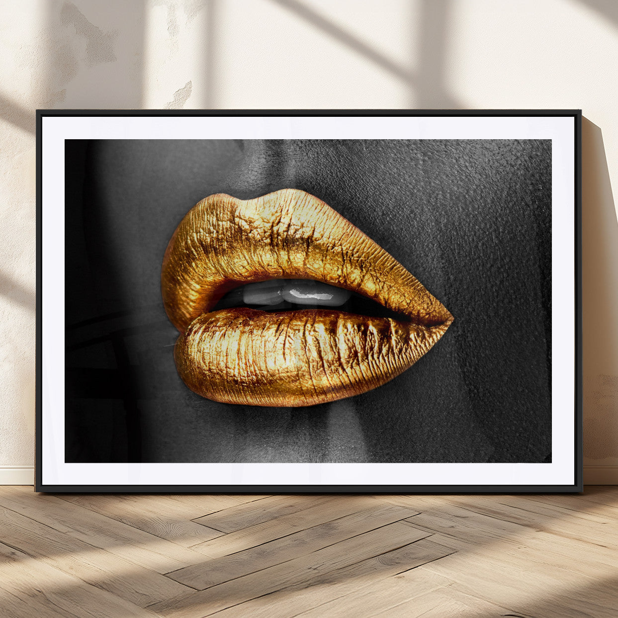 84747-MGC-FP-36x24_Black-Golden Lips Black & White Portrait – Glamorous Metallic Lip Art Print, Modern Wall Decor for Bedroom, Beauty & Fashion Lover Gift