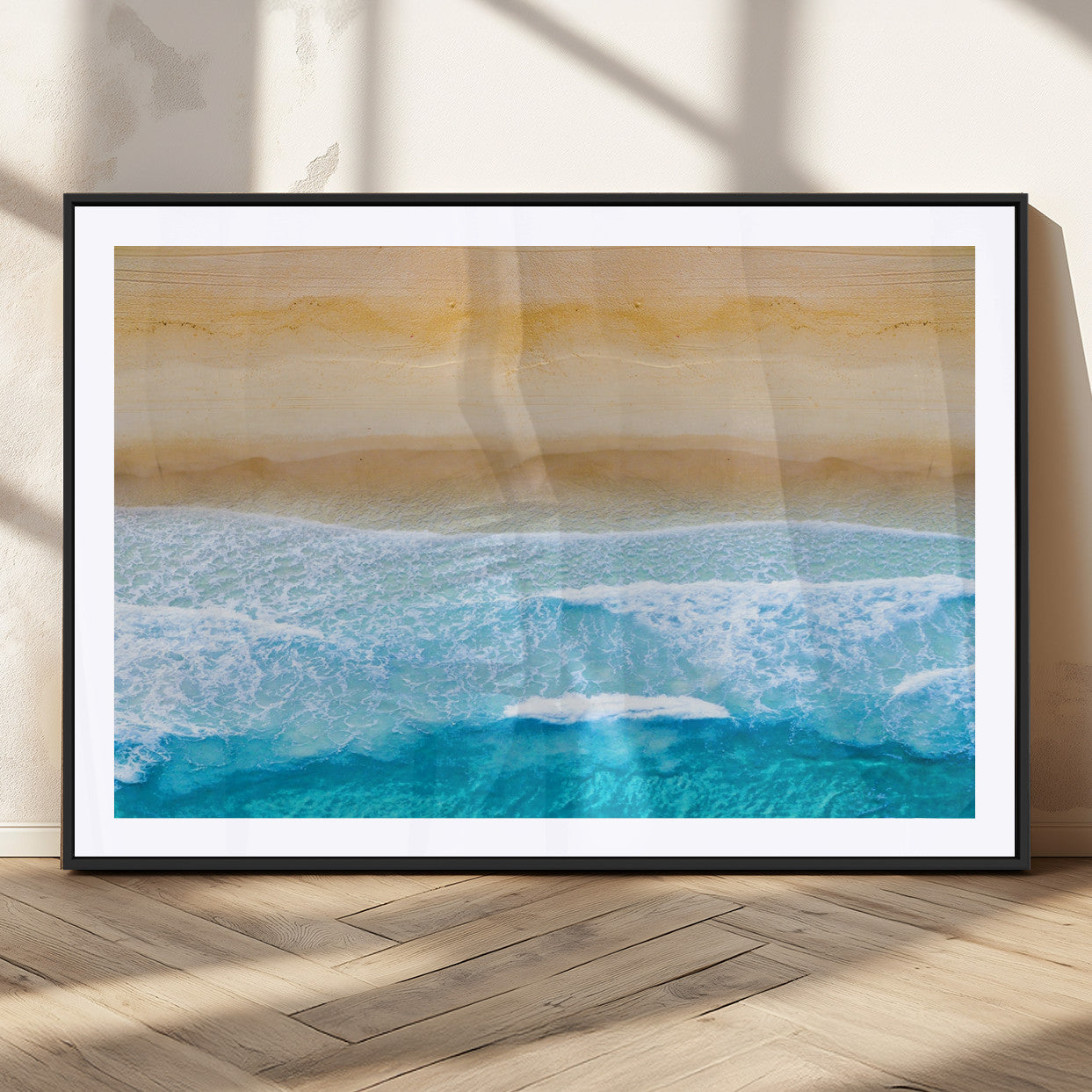 43046-MGC-FP-36x24_Black-Aerial Beach Wall Art – Serene Ocean Waves & Sandy Shore Canvas Print, Coastal Home Decor for Living Room, Bedroom or Office