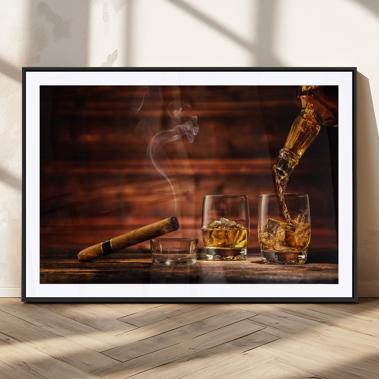 41139-MGC-FP-36x24_Black-Whiskey and Cigar Still Life – Glasses with Ice and Pouring Amber Drink on Wooden Table with Smoke, Elegant Bar or Lounge Wall
